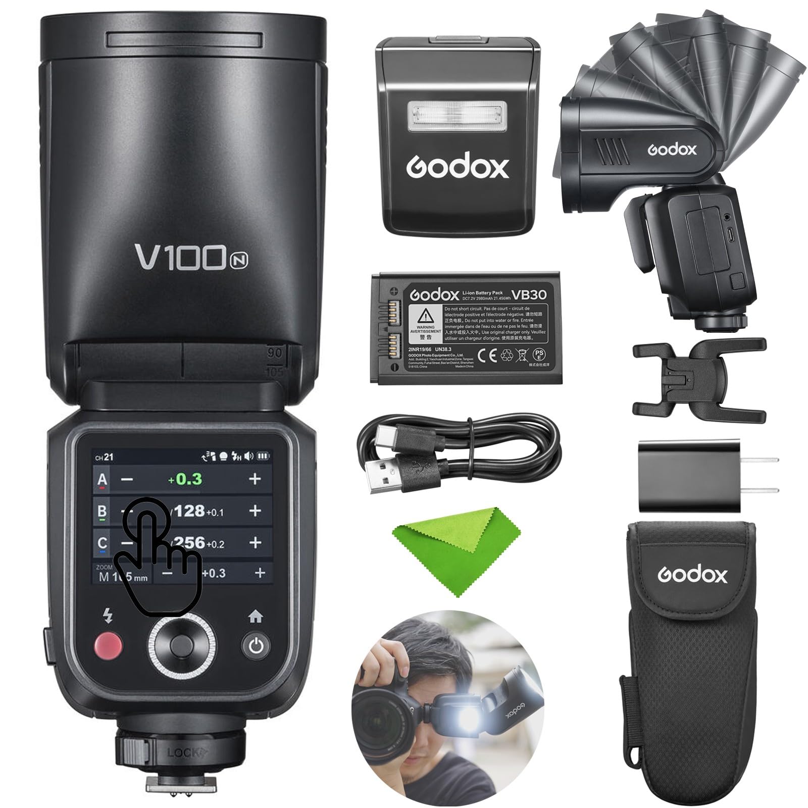 Godox V100 N V100-N 100Ws TTL Flash, 400 Full Power Flashes, 1.7s Recycle Time, 2.4G Wireless with External Flash, HSS Speedlight, Touchscreen Flash (Godox V100-N USA Version)