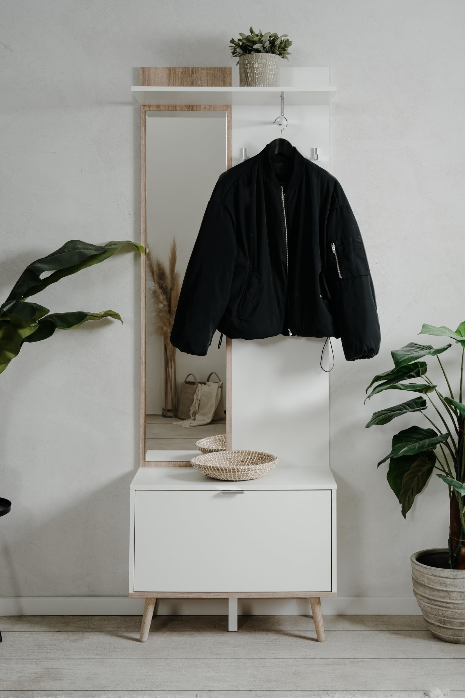 möbelando Kompaktgarderobe Göteborg – Garderobenschrank mit Spiegel, 195 cm hoch, Weiß/Sonoma Eiche – Platzsparend für Flur, Keller & Hauswirtschaftsraum