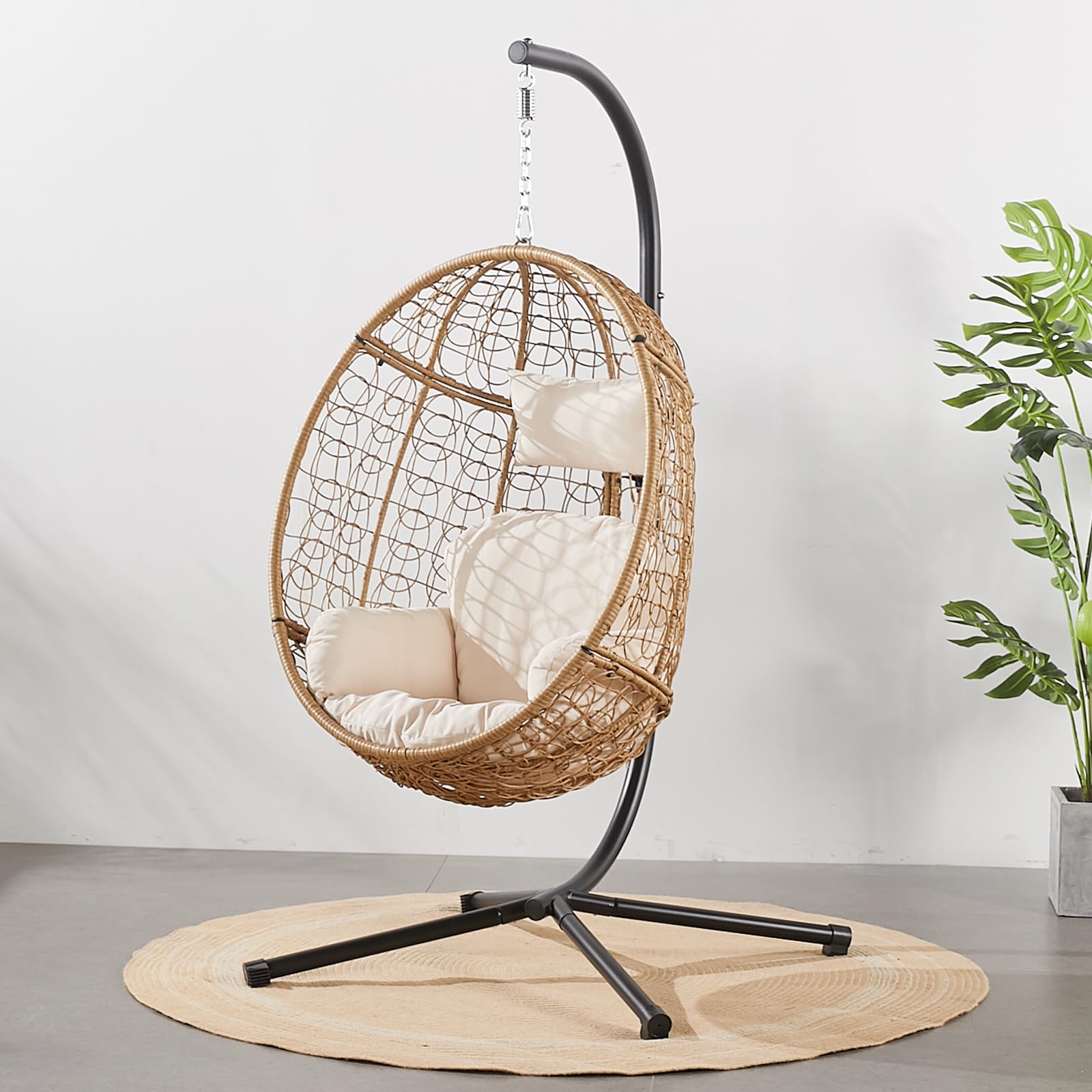 Wicker Patio Hammock Swing Chair with Stand & Leg Rest for Indoor Outdoor, Hanging Egg Chair with UV Resistant Detachable Seat Cushion for Balcony, Bedroom, Garden,350Lbs Capacity(Beige)