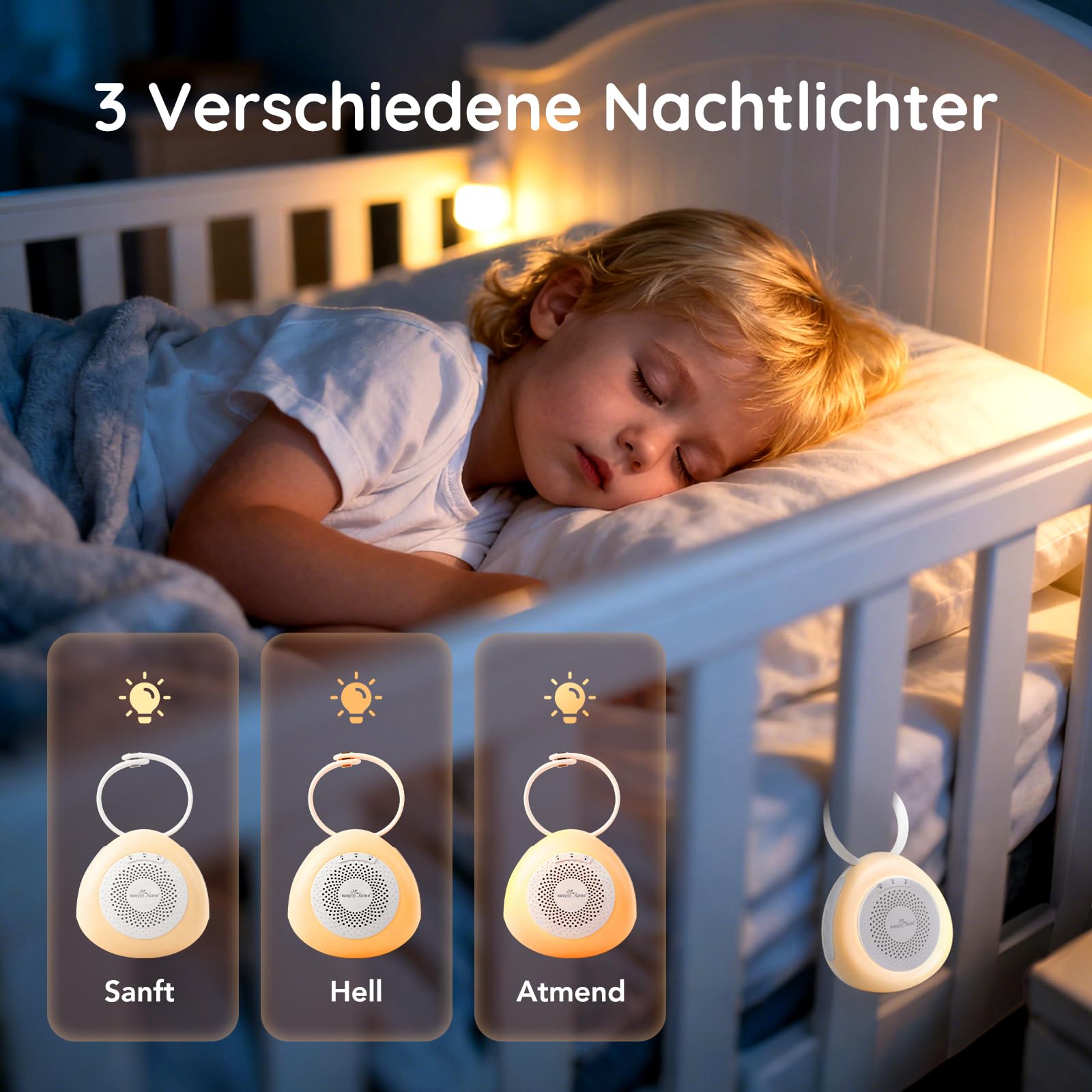 Easy@Home Mini-Gerät mit weißem Rauschen, für Babys, Erwachsene, Kinder, Schlaf, 30 beruhigende Geräusche, tragbare Maschine mit Nachtlicht, Timer, Memory-Funktion, entspannende Schlafmusik