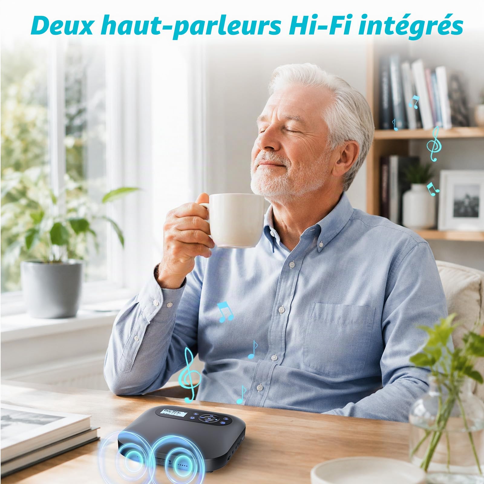 Lecteur CD Portable avec Bluetooth, Lecteur CD de Voiture Rechargeable Discman avec FM, Deux Haut - parleurs stéréo, Anti - Saut, Deux connecteurs de Casque (CD022 Bluetooth 5.1)