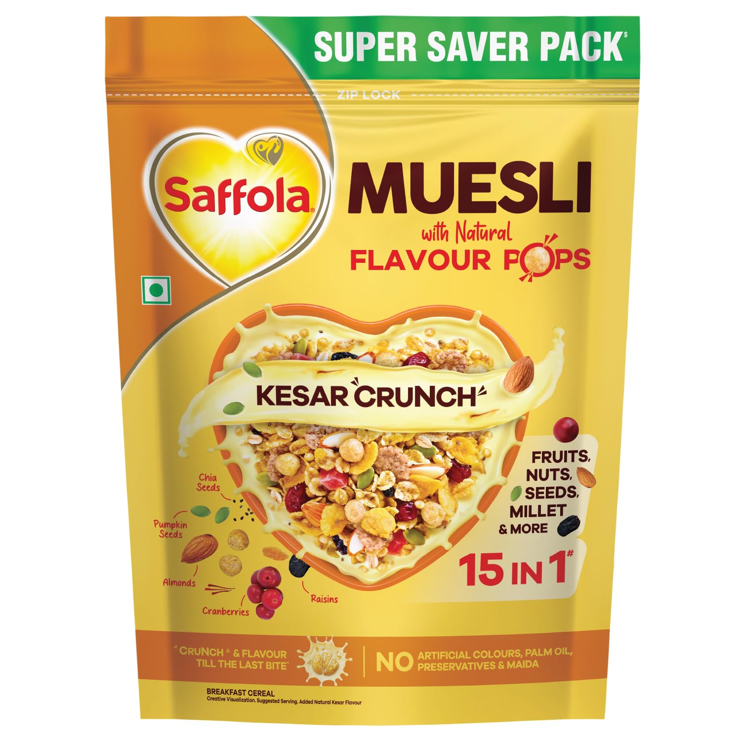 Saffola Muesli Kesar Crunch with Flavour Pops, 700 gm | 15 in 1 Fruit and Nuts, Seeds, Millet & more | Cereals for breakfast rich in wholegrain, protein, fibre
