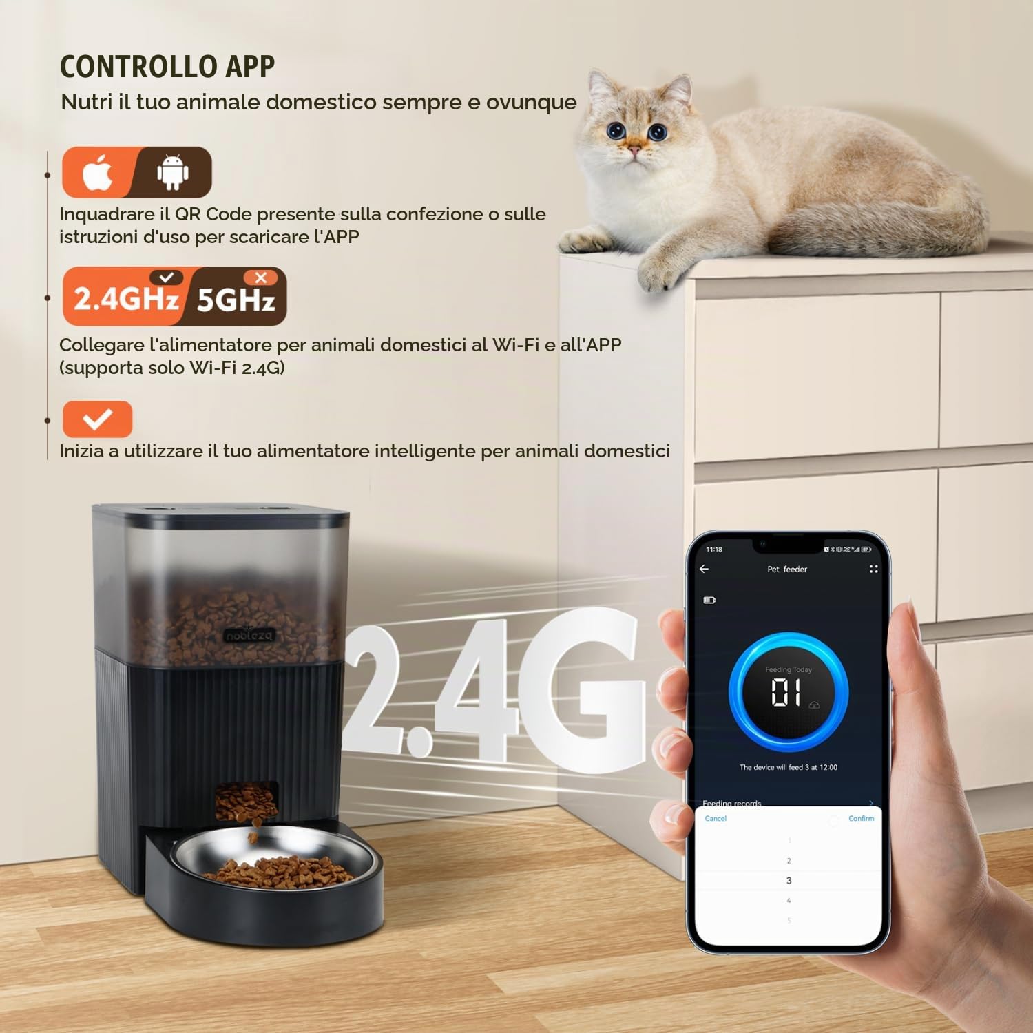 Nobleza - Distributore Automatico di Cibo per Gatti e Cani - 4.2L con Timer Programmabile, Registrazione Vocale 10s, Ciotola in Acciaio Inox 304, WiFi 2.4G - Mangiatoia Automatica (Nero)