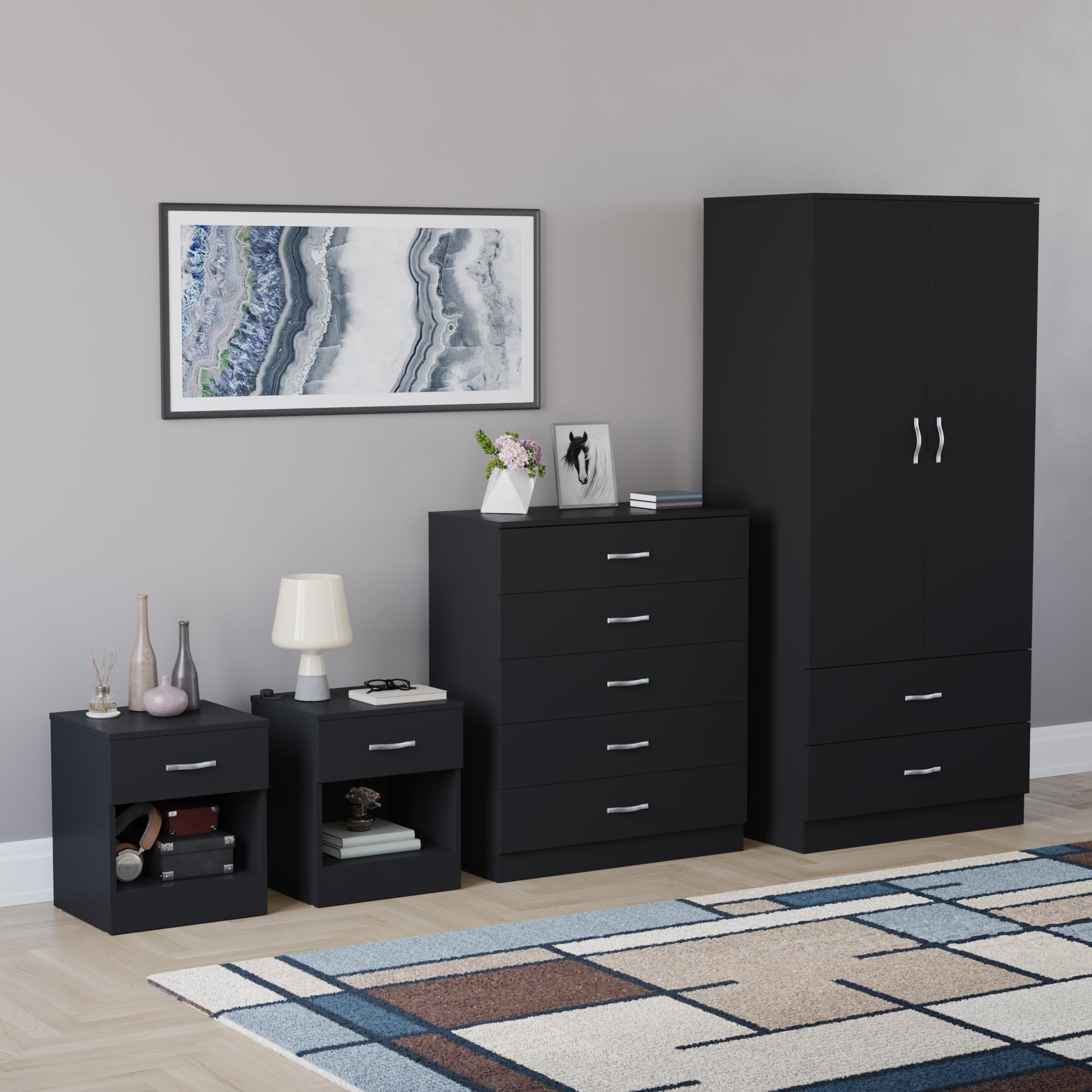 Vida Designs Riano - Juego de dormitorio de 4 piezas (1 cajón, cómoda de 5 cajones, armario de 2 puertas y 2 cajones), color negro (5)