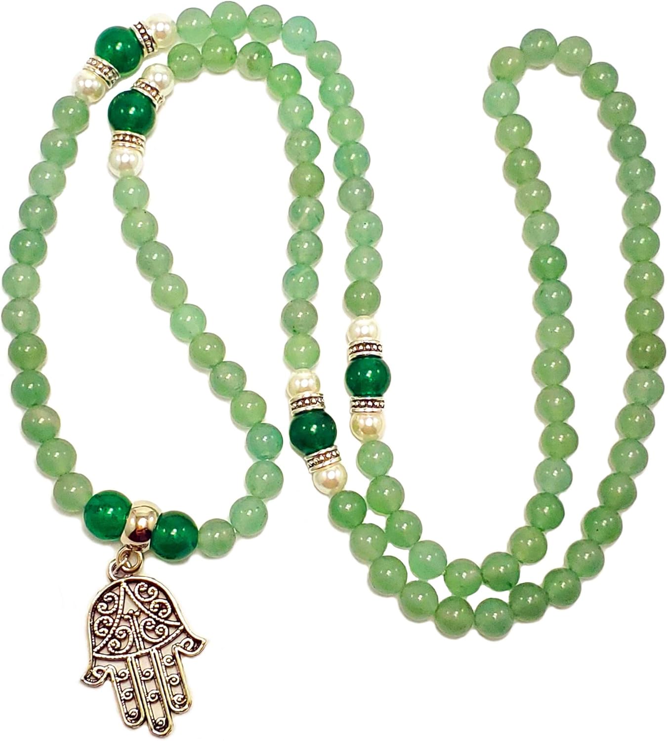 Green Aventurine & Emerald Jade 108 Mala Beads – 6 and 8mm Natural Stones Necklace or Wrap Bracelet with Hamsa Pendant – U.S. Handcrafted Jewelry