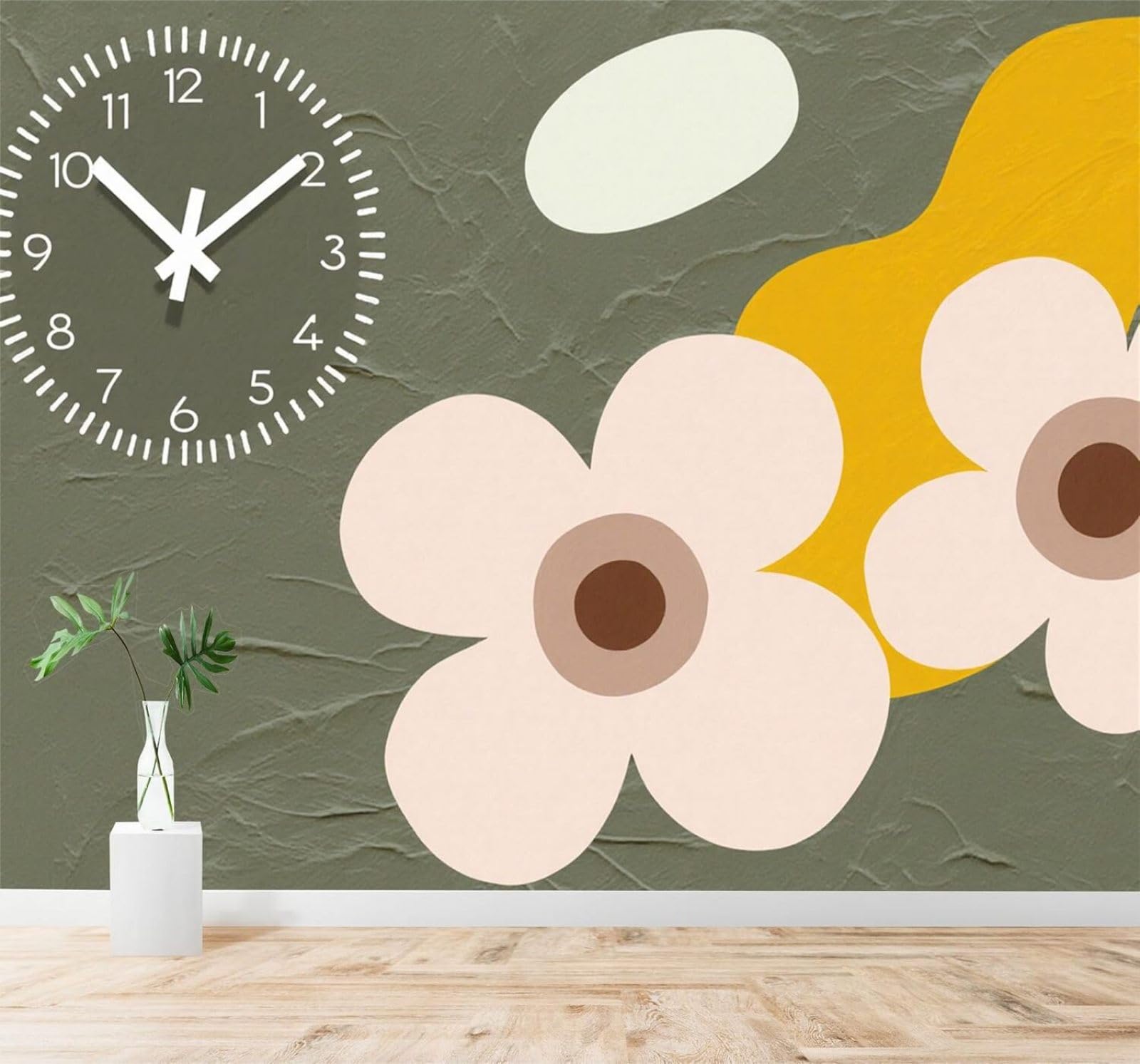 Xlming 400Cm×280Cm(B×H) Retro Minimalist Style Wall Clock Abstract Flowers Olive Green Background 3D Wallpaper Silky Texture Home Study Office Grey Dining Room Sofa Bedroom Living Room Tv Backdrop-400Cm×280Cm