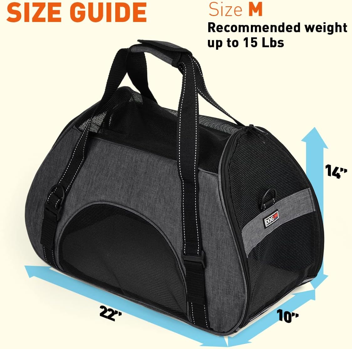 Dogline Carrier Bag Airline Approved Carrier for Dogs and Cats, Size M, Grey