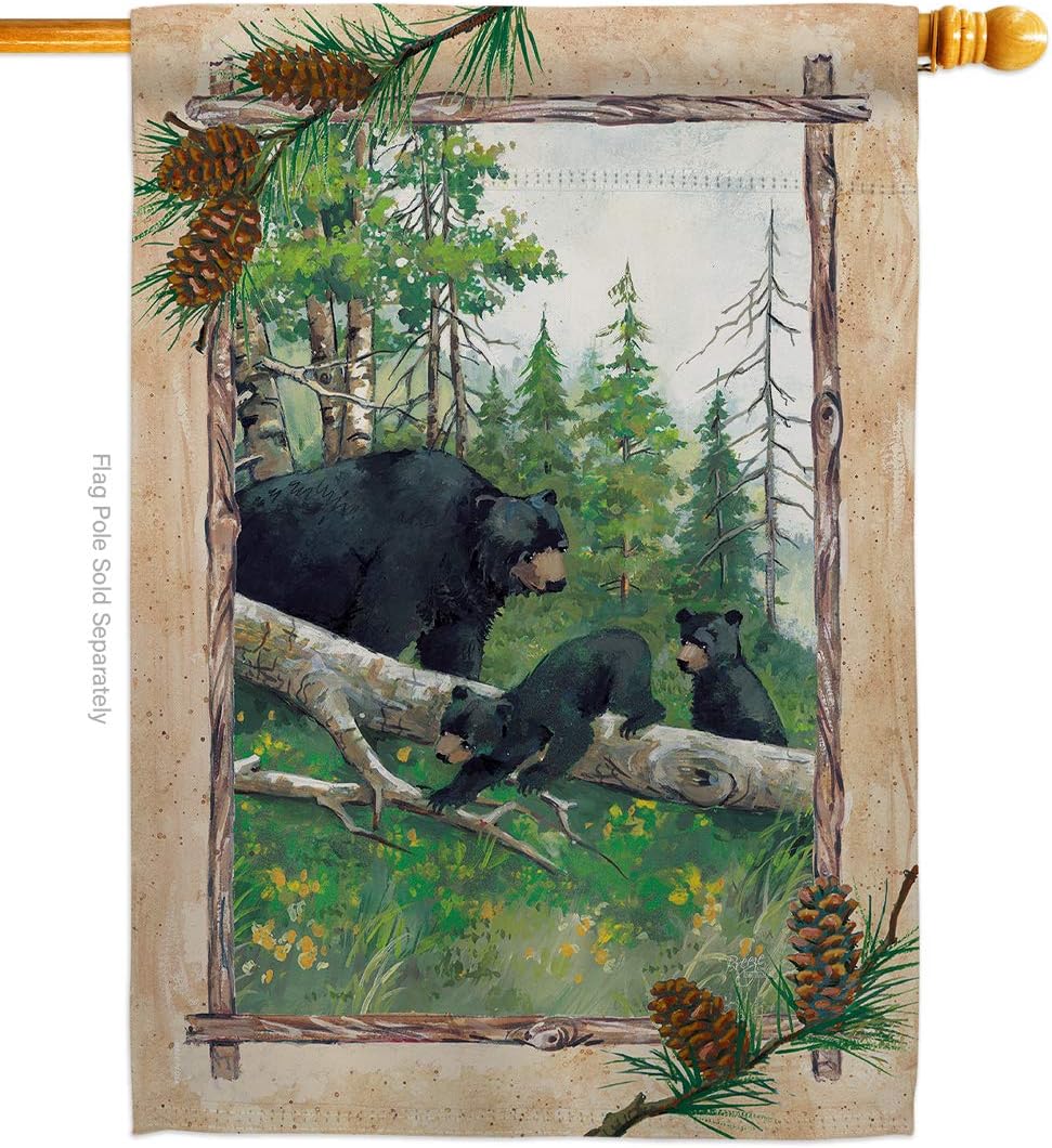 Black Bear Cubs House Flag Animals Wildlife Outdoor Deer Wolf Pet Nature Farm Animal Creature Small Decorative Gift Yard Banner Made In USA 28 X 40