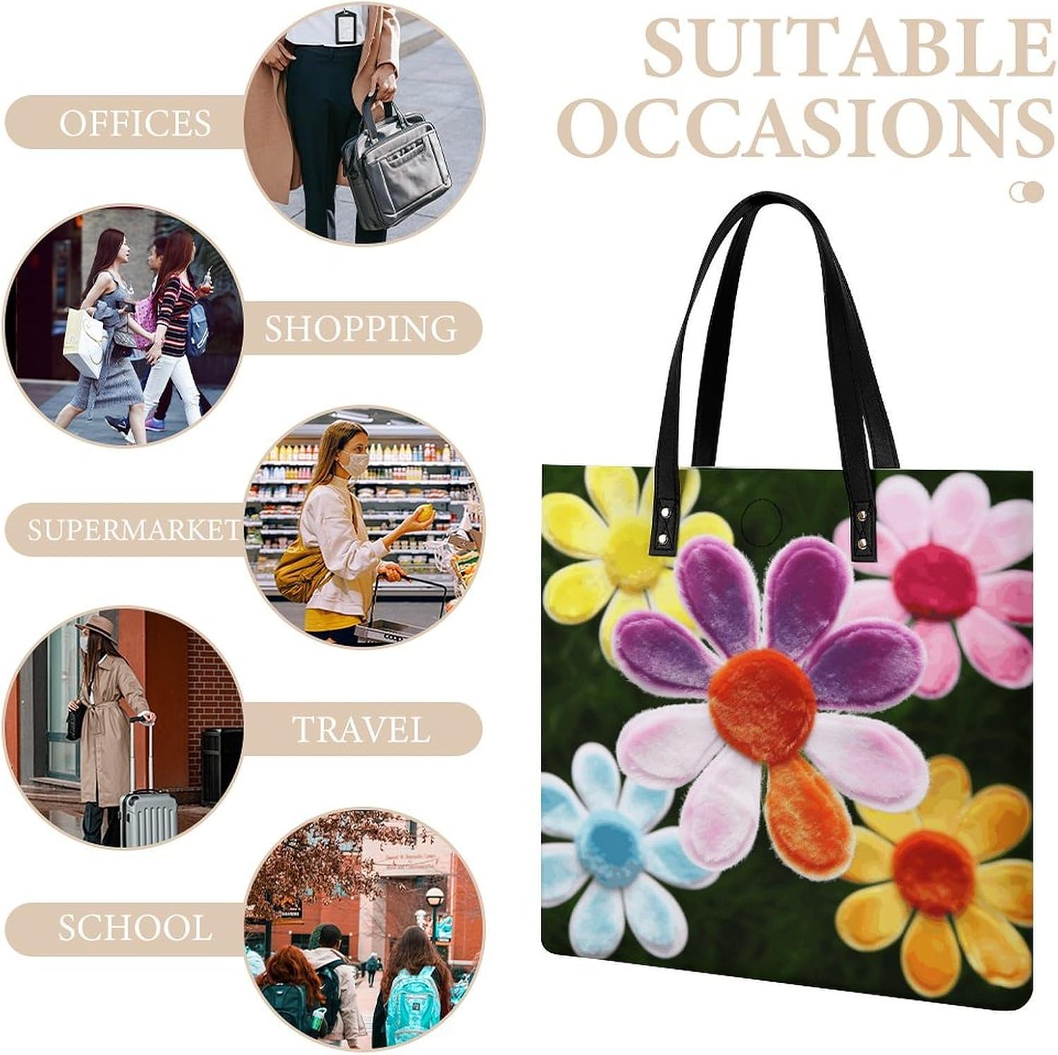 Daisy Flower Colorful Handbags Large Capacity, Tote Bag Stylish Slouchy, Shoulder Bags for Work Beach Travel And Shopping Grocery.