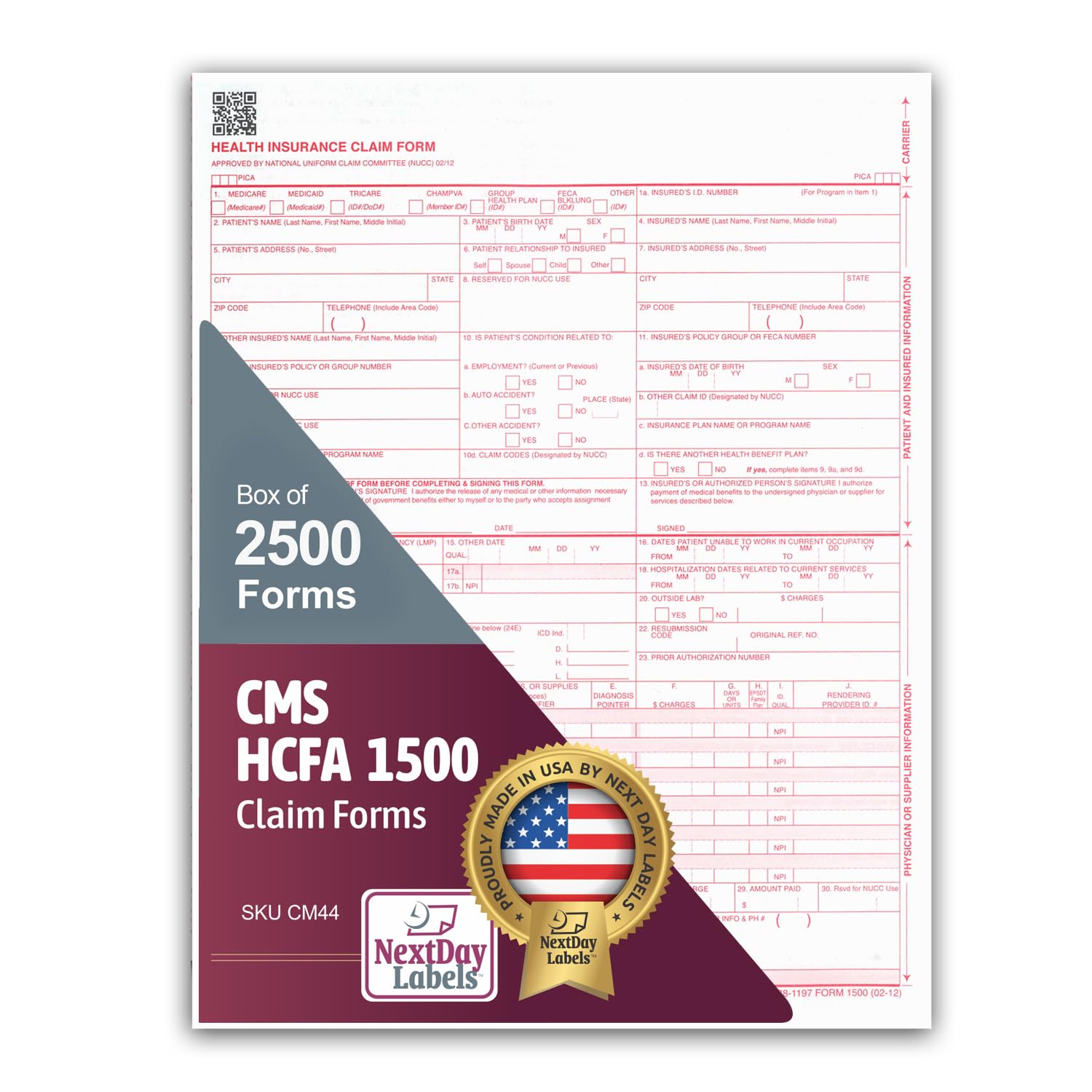 NextDayLabels - Formularios de reclamación de seguro CMS 1500 / HCFA 1500 - Compatible con láser/inyección de tinta (nueva versión 02/12) tamaño carta 20.3-30.5 cm x 11 pulgadas, 2.500 hojas por caja