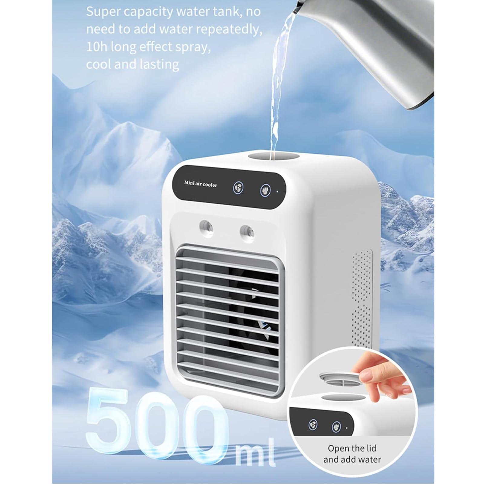 Glacier Breeze AC Mini Air Cooler: refrigeratore evaporativo portatile da 500 ml con nebbia di ghiaccio, raffreddamento 10H, ricaricabile tramite USB e ventilatore da scrivania per casa