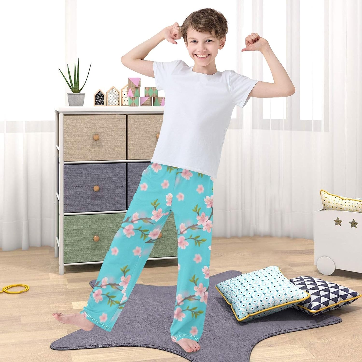 Cherry Blossom Turquoise Pajama Pants Soft Cozy Lounge Sleepwear with Elastic Waist and Pockets