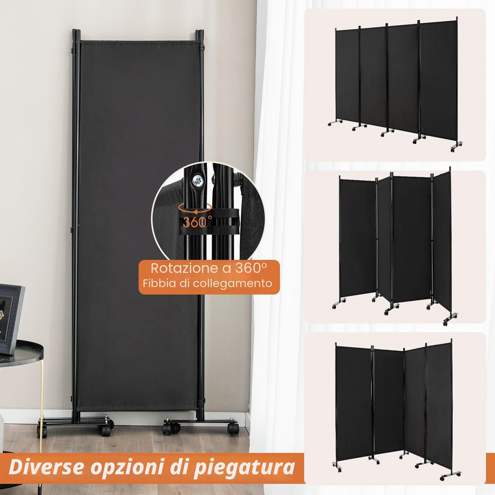 GIANTEX Divisorio Paravento in Ferro con Ruote | Privacy per Camera da Letto e Ufficio，224 x 172 cm，4 Pezzi，2 Colori