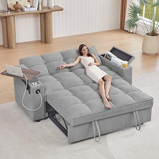 hansones 65'' 3-in-1 Convertible Sofa Bed Pull-Out Couch with 360° Swivel Table, Chenille Futon for Small Spaces