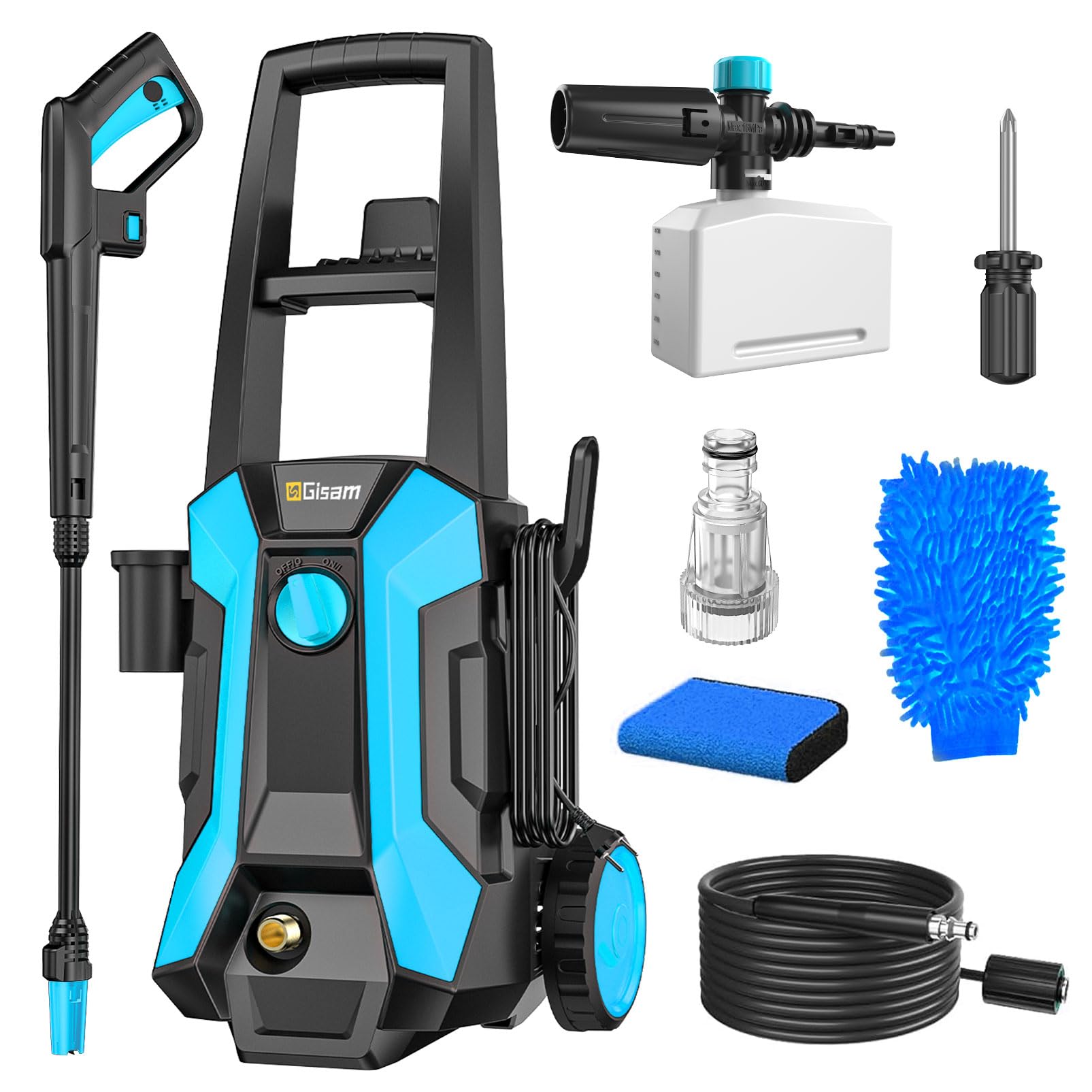 Gisam 2200W Nettoyeur Haute Pression, avec Enrouleur De Tuyau De 8m, Max 180bar,DéBit 480l/H,avec Bouteille De Savon Buse à Mousse, Pistolet Haute Pression pour, Voitures/ClôTures/Jardin