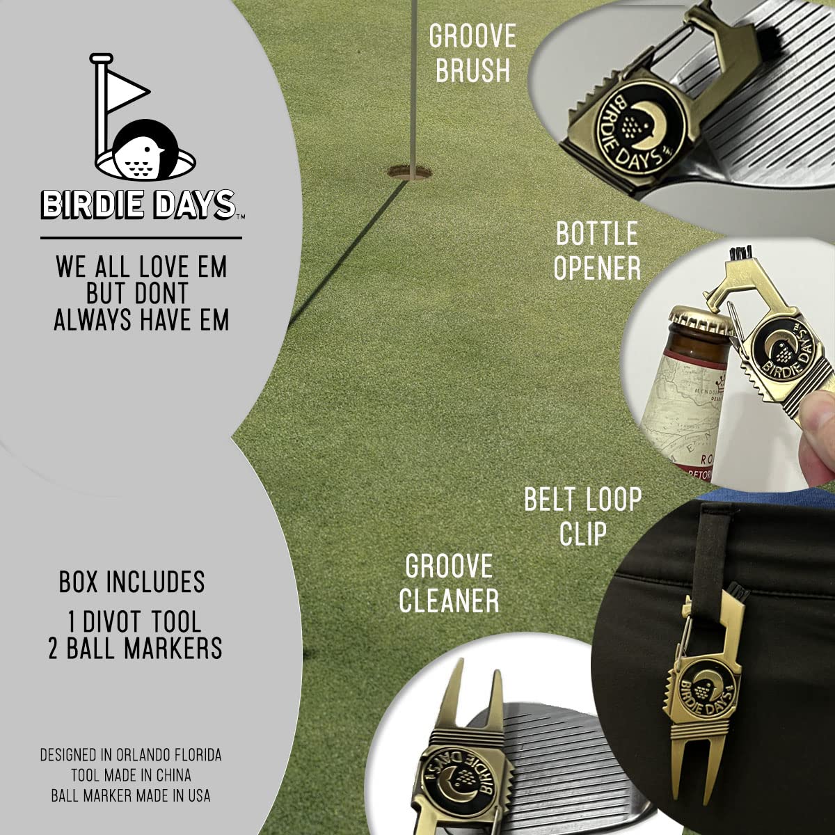 Golfballmarkierer und Pitchgabel Set | Antik Silber Finish | 2 Marker und 1 Pitchgabel | 7-in-1 Werkzeug mit Flaschenöffner | Rillenbürstenreiniger | Magnetischer Markierhalter