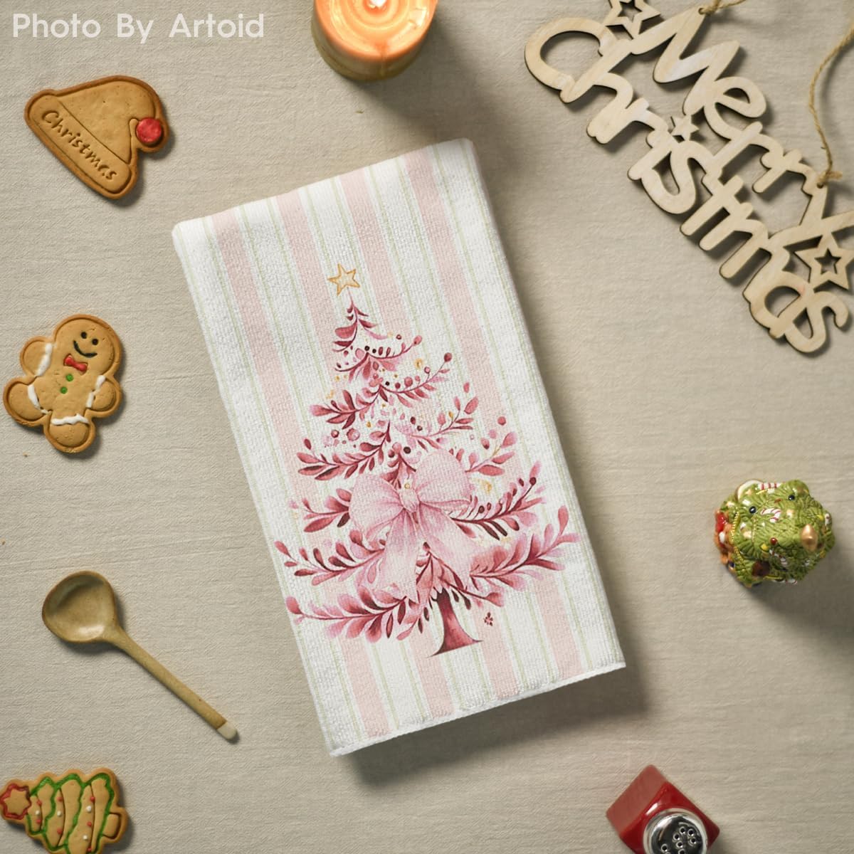 Artoid Mode Pink Stripe Xmas Tree Christmas Kitchen Towels Dish Towels, 18x26 Inch Farmhouse Ornaments Winter Decoration Cleaning Set of 2 - Image 4