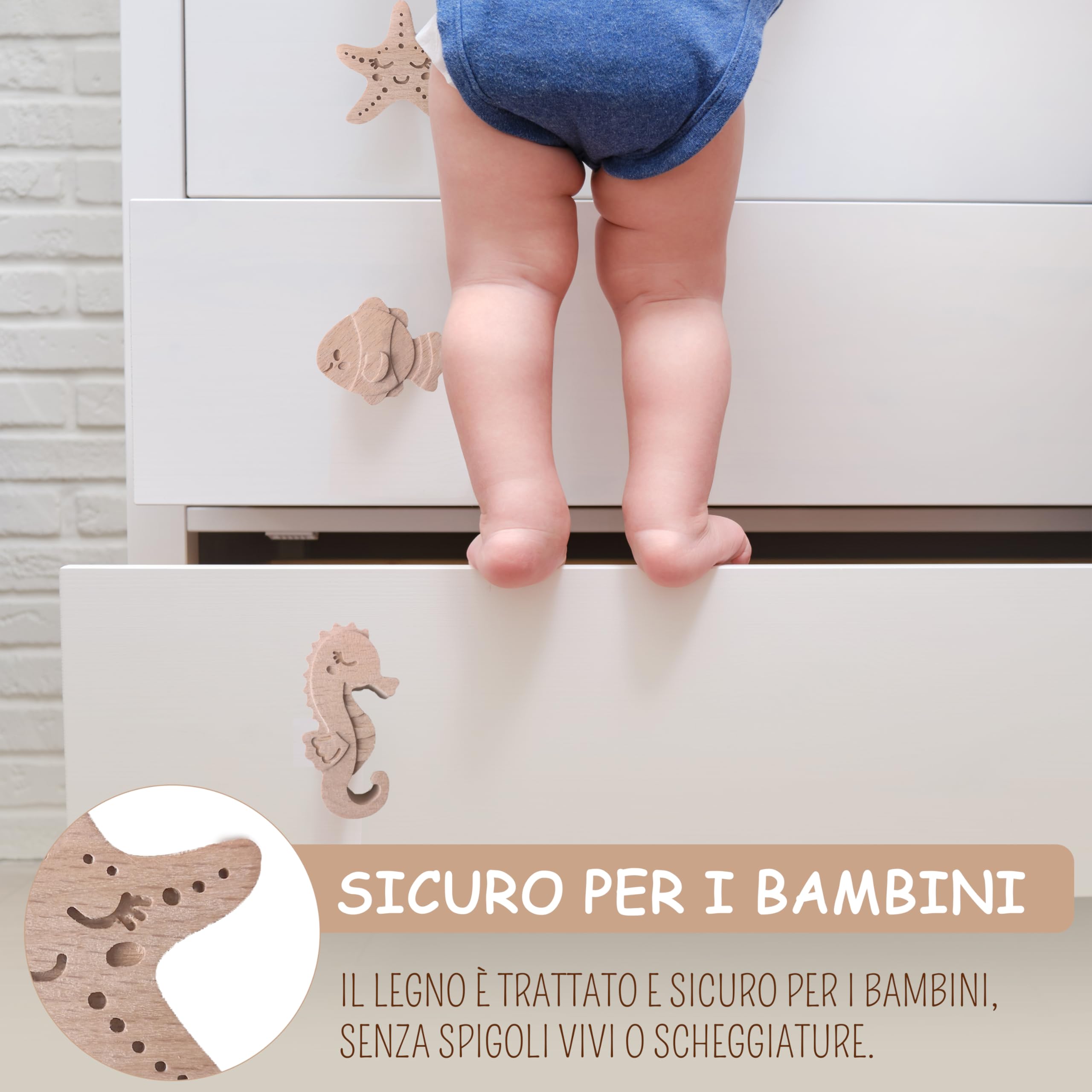 Pomelli per camerette Coffelli (animali marini, confezione da 6) pomelli in legno per cassettiere o guardaroba per bambini, in legno di faggio