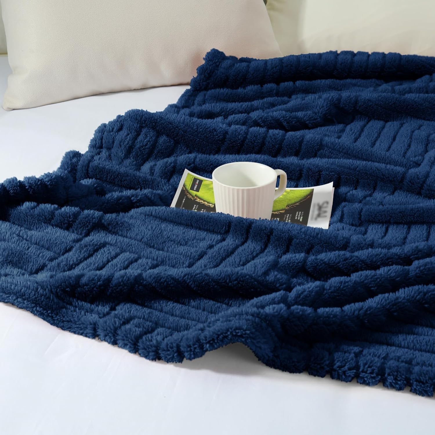 Whale Flotilla Lightweight Fleece King Size Blanket for Bed, Fuzzy Soft Blankets with Decorative Jacquard Pattern for All Season, Warm and Fluffy, 90x104 Inch, Navy Blue - Image 9