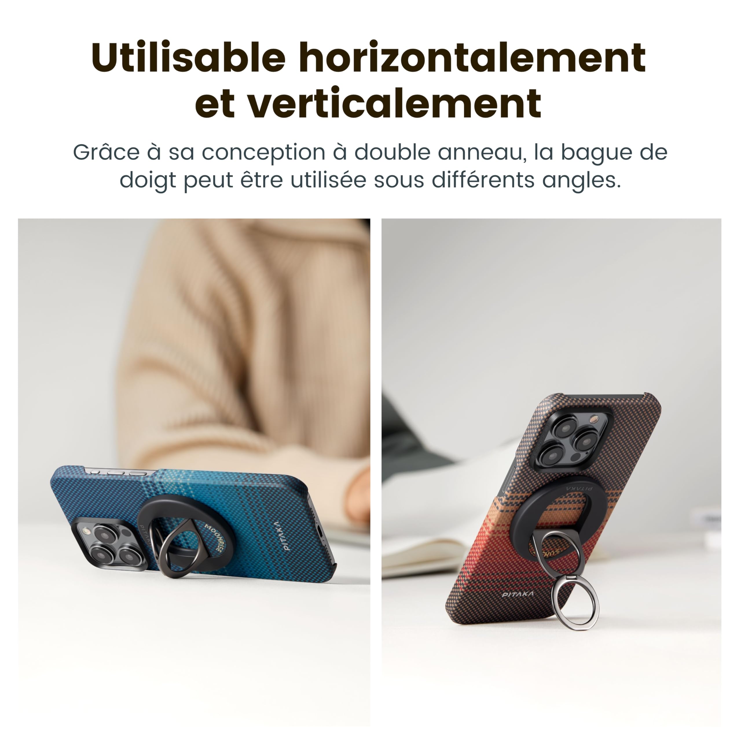 pitaka Poignée Magnétique Support pour Anneau de Téléphone avec Double Anneau Porte Doigt Réglable en Fibre Aramide pour iPhone 16/15/14/13 Noir/Gris