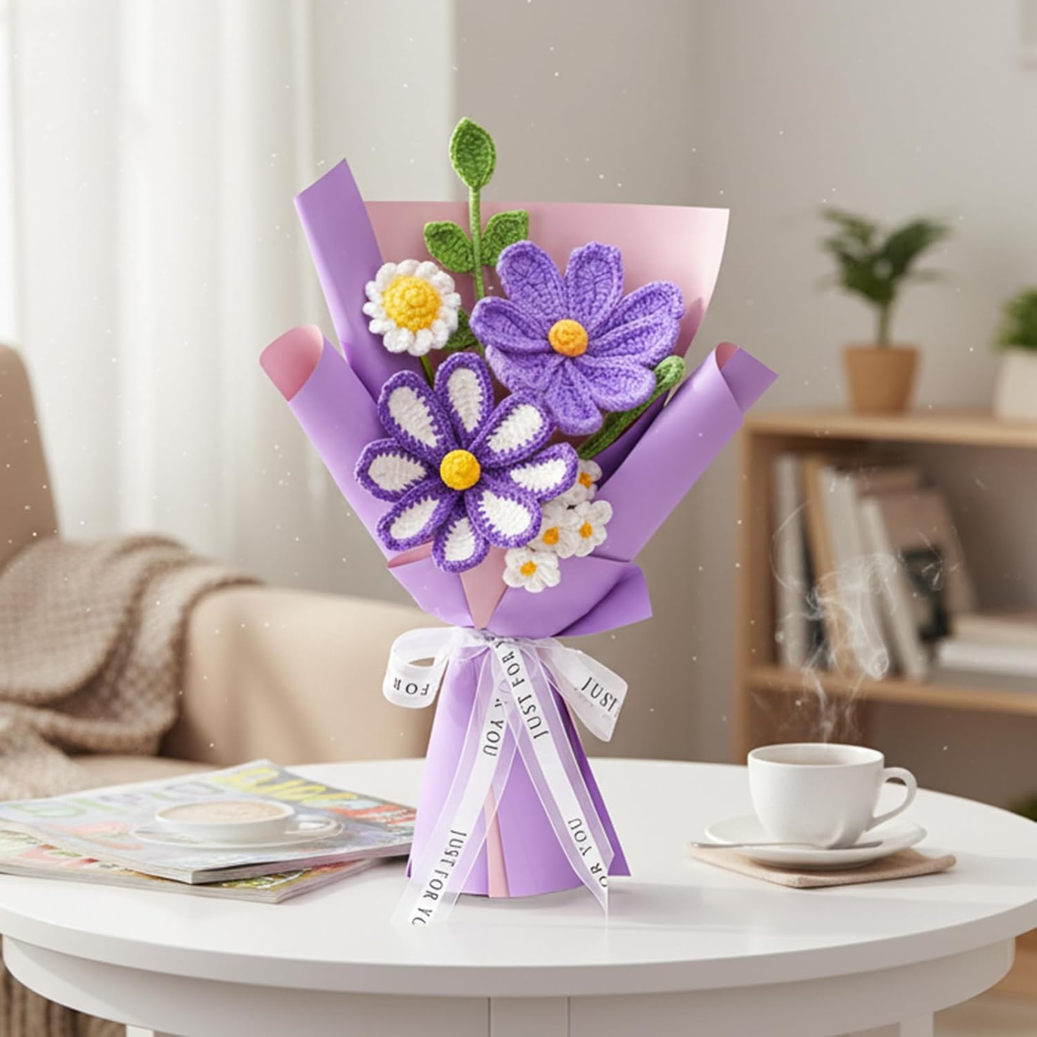 Purple Crochet Flower Bouquet - Handmade Knitted Flower Bouquet for Friend Lover Mom Birthday Party Gift, Crochet Daisy Flowers with Card for Wedding Anniversay Home Decor - Image 4