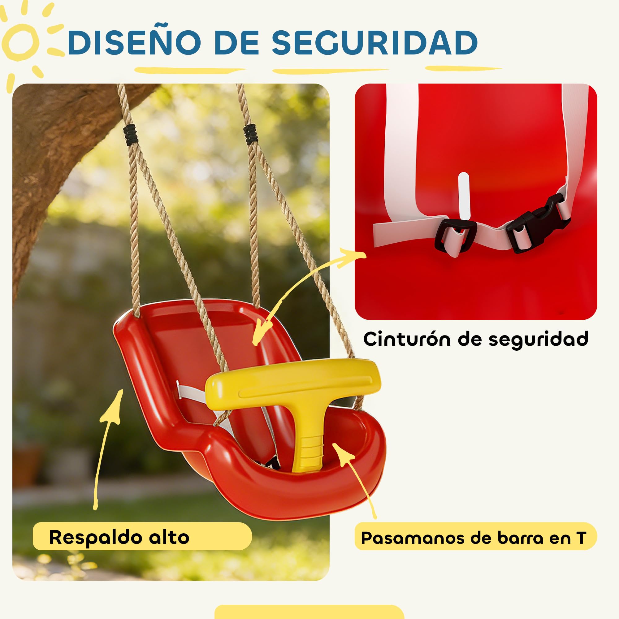 AIYAPLAY Columpio Infantil, Columpio para Niños, Cuerda Ajustable, con Respaldo Alto, Barandilla de Seguridad en T, para Interior, Exterior, Rojo