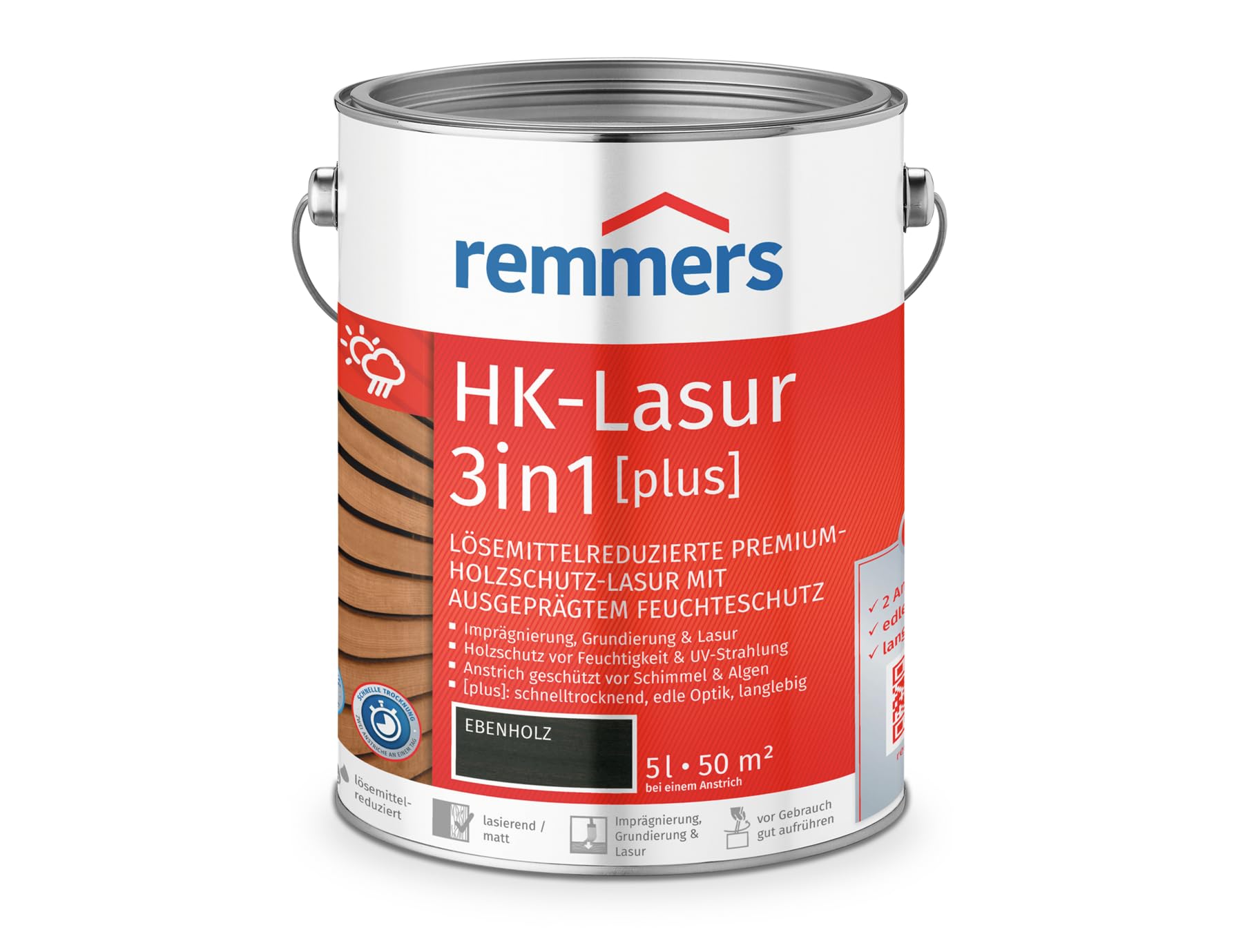 Remmers HK-Lasur 3en1 [plus] ébano, mate, 5 litros, Barniz protector de madera premium con solvente reducido para exteriores, 3en1, de secado rápido, duradero
