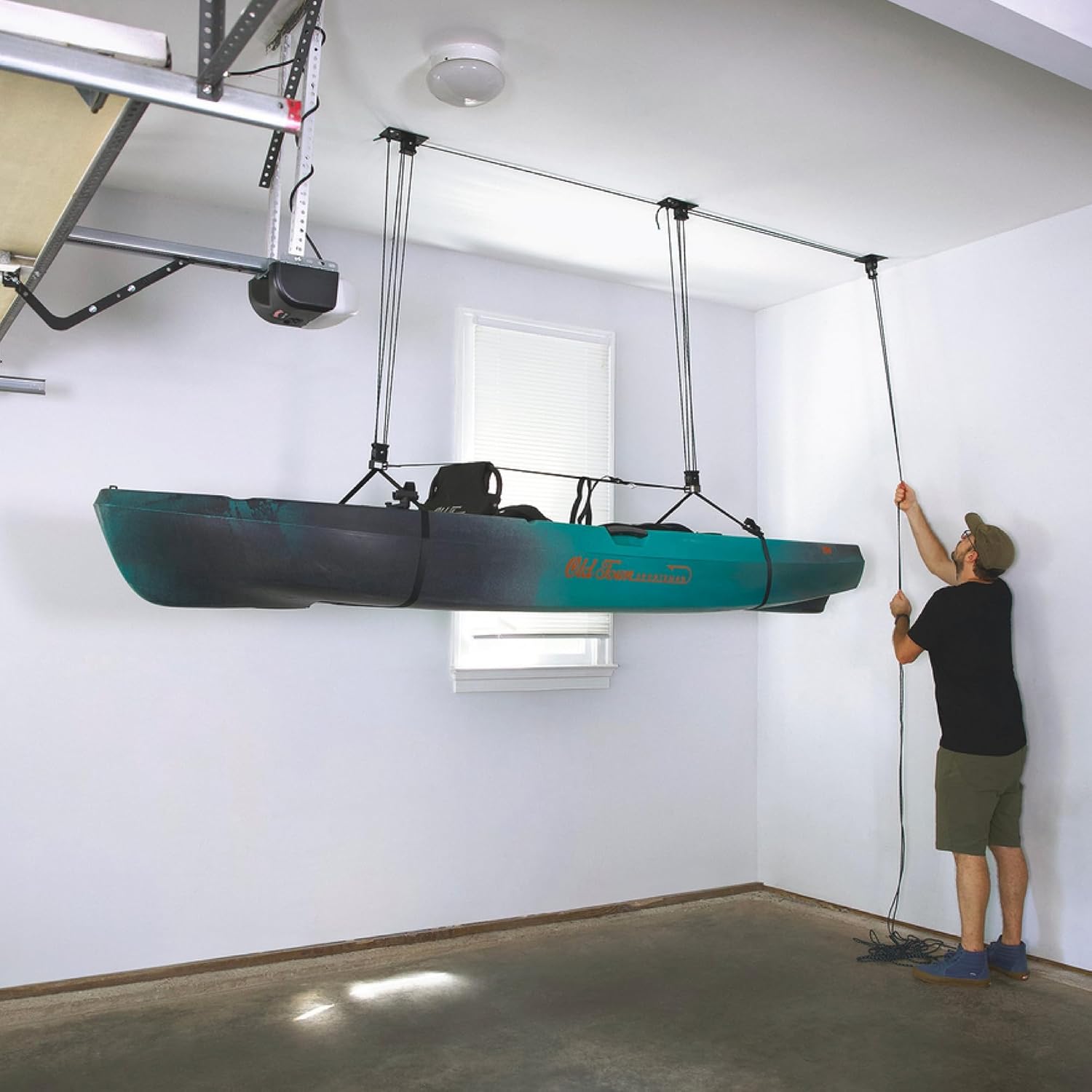 Teal Triangle Heavy Duty Elite Kayak Hoist, Easy-Lift Garage Pulley System, Holds 150 lbs, Fits 12-Foot+ Ceilings, Patented No-Slip Strap, No Setup Required
