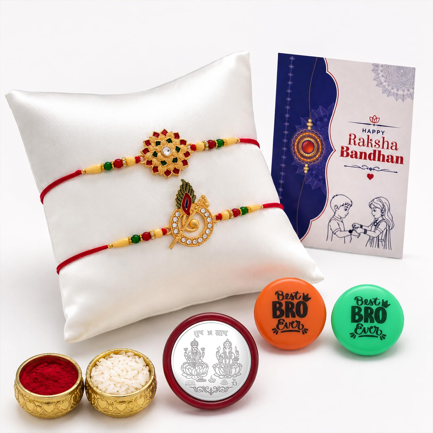 Oblivion Rakhi Set for Brother (Set of 2) – Flute & Flower Design Rakhi Combo with Roli Chawal, Silver Color Coin, Multicolour Magnets & Greeting Card – Traditional Raksha Bandhan Gift Hamper for Bhai
