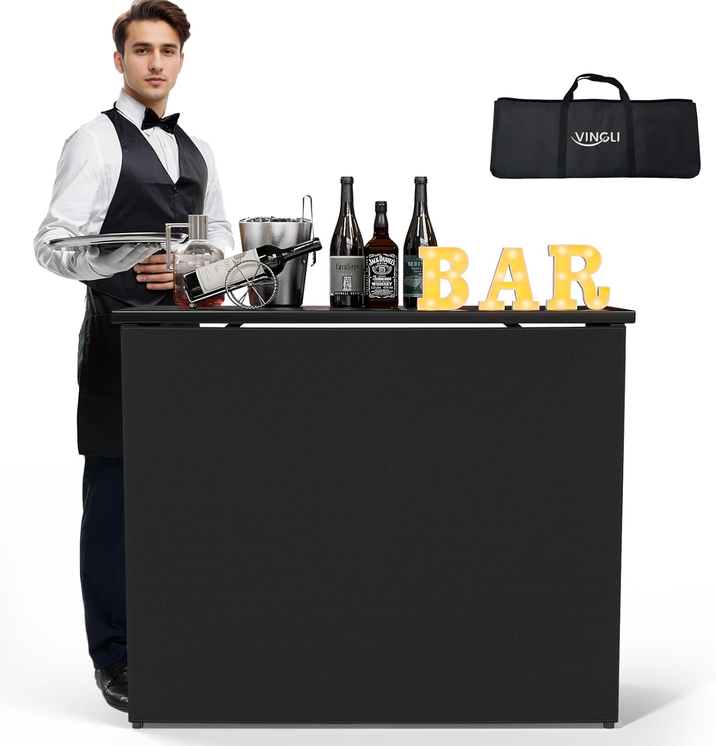 VINGLI 45" Commercial Grade Portable Bar Table for Events, Mobile Bartending Station, Outdoor Indoor Pop Up Bar Table with Skirt PP (45"-1P, Black, Standard)