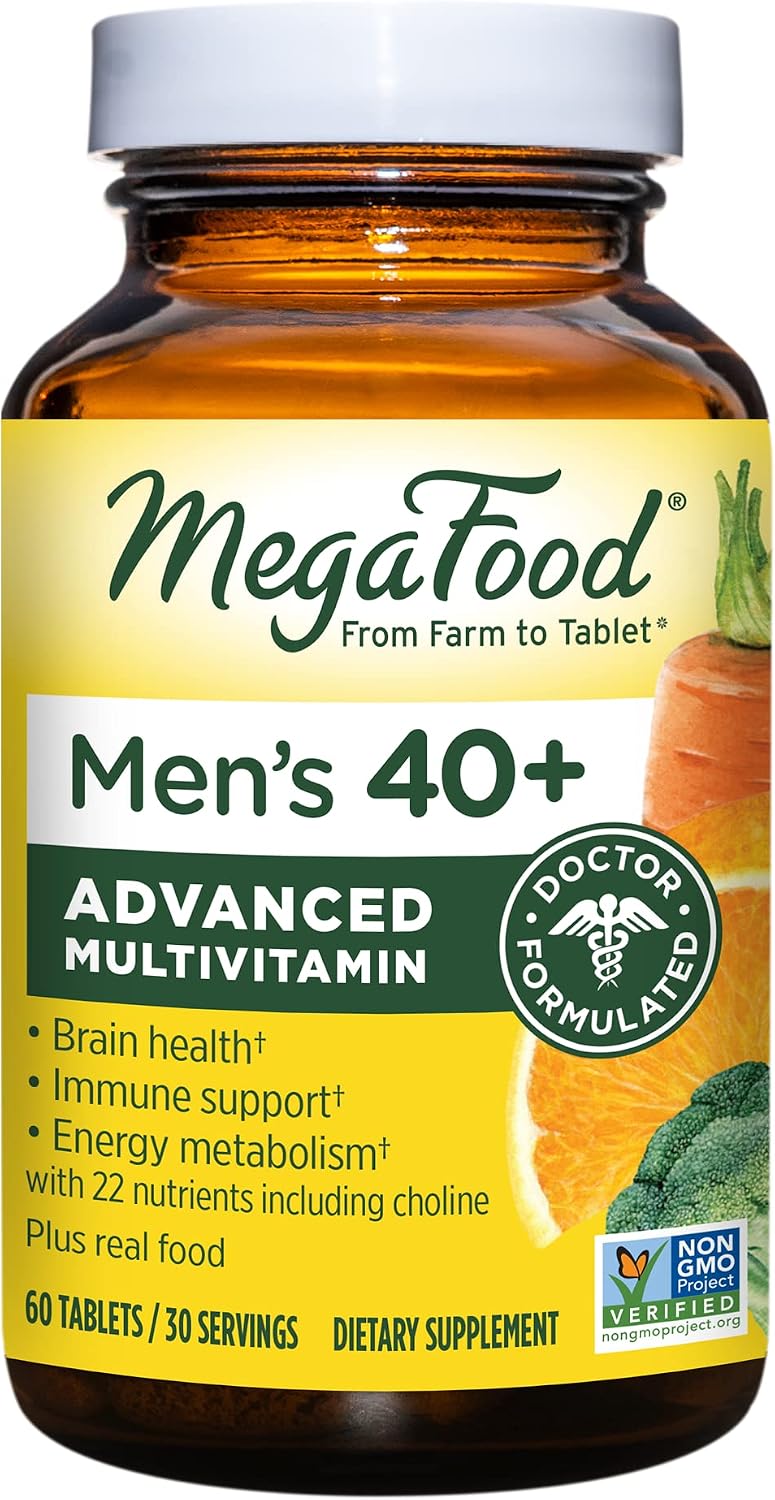 MegaFood Men's 40+ Multivitamin - Multivitamin with Vitamins C, D, B12, Biotin, Zinc, and Choline - Non-GMO, Gluten-Free, Vegetarian & Made without Dairy and Soy - 60 Tabs (30 Servings)
