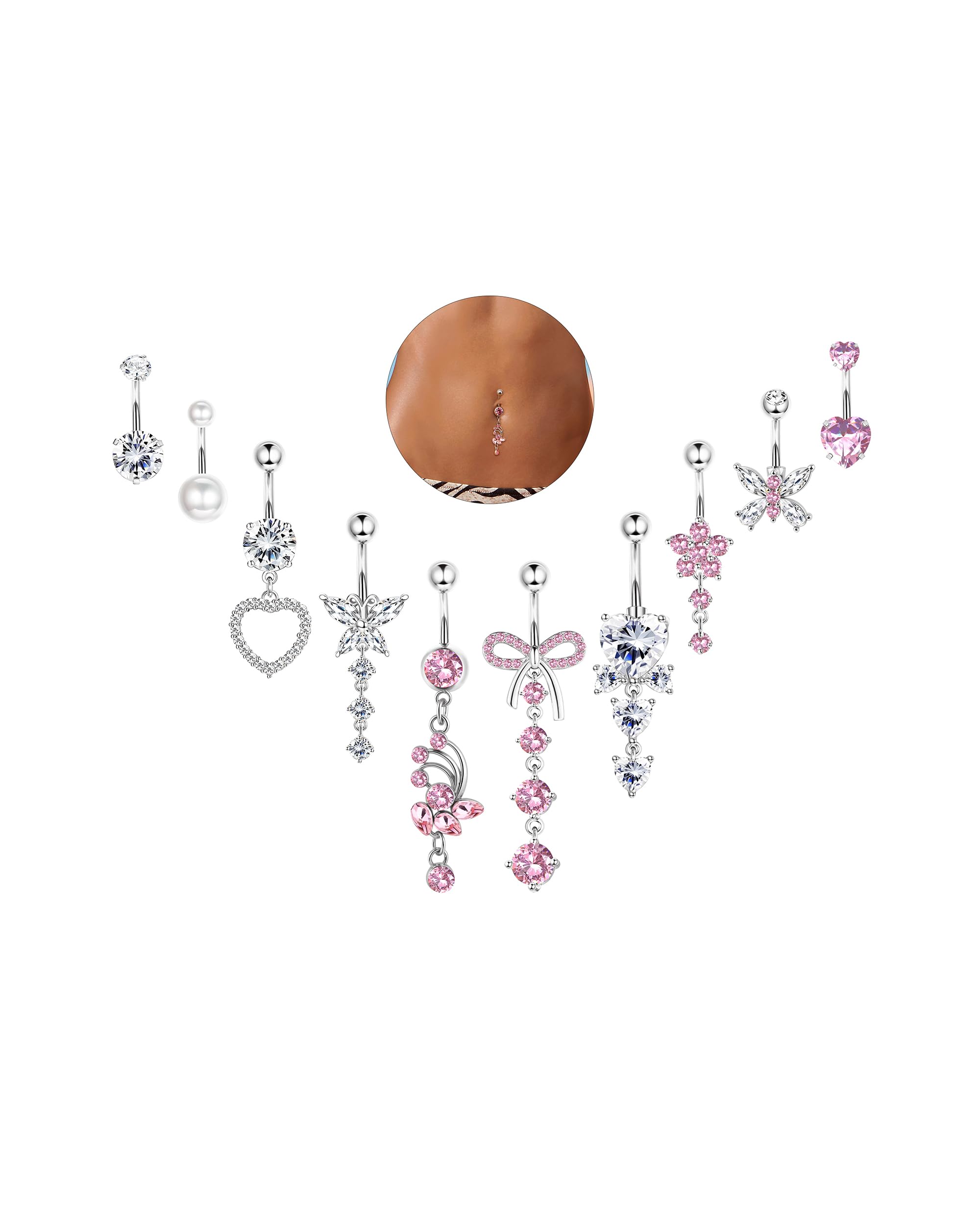 YADOCA 10 stuks 14G navelpiercing voor dames, chirurgisch staal, roze, blauw, buikpiercing, CZ vlinder, slang, clicker, navelringen, lichaamspiercing, sieraad