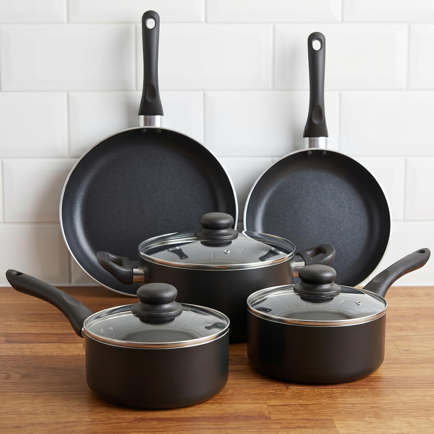 Bateria de Cocina de 8 Piezas. Juego de Ollas y Sartenes Completo: 2 Sartén 2 Cazo 1 Cacerola 3 Tapas de Cristal. Aluminio con Mangos de Baquelita, Incluye Set de 5 Cuchillos