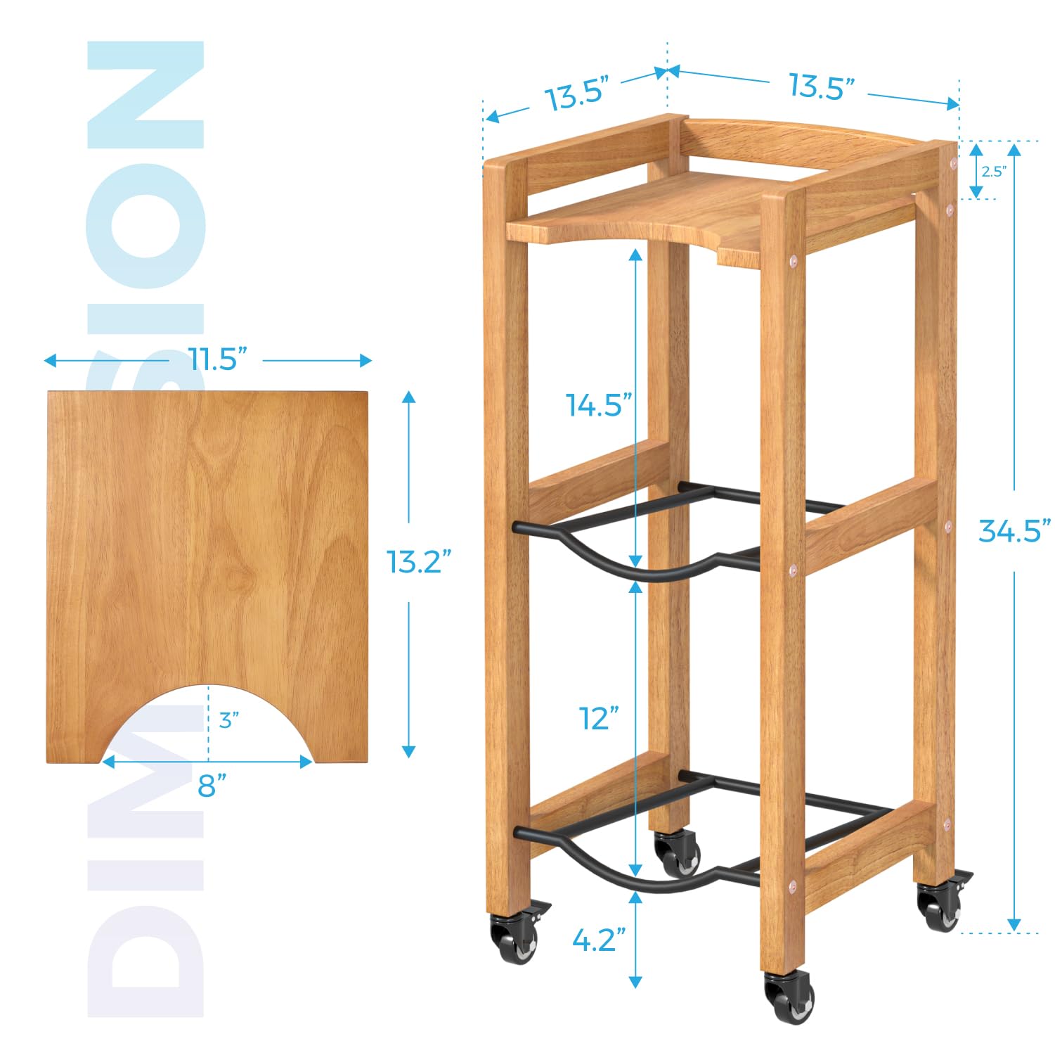 3-Tier 5 Gallon Water Jug Holder with Top Shelf – 4 Metal Wheels or Adjustable Feet – Natural Hardwood Water Dispenser Floor Stand – Wooden Organizer for Kitchen, Office, Garage – Space-Saving Design