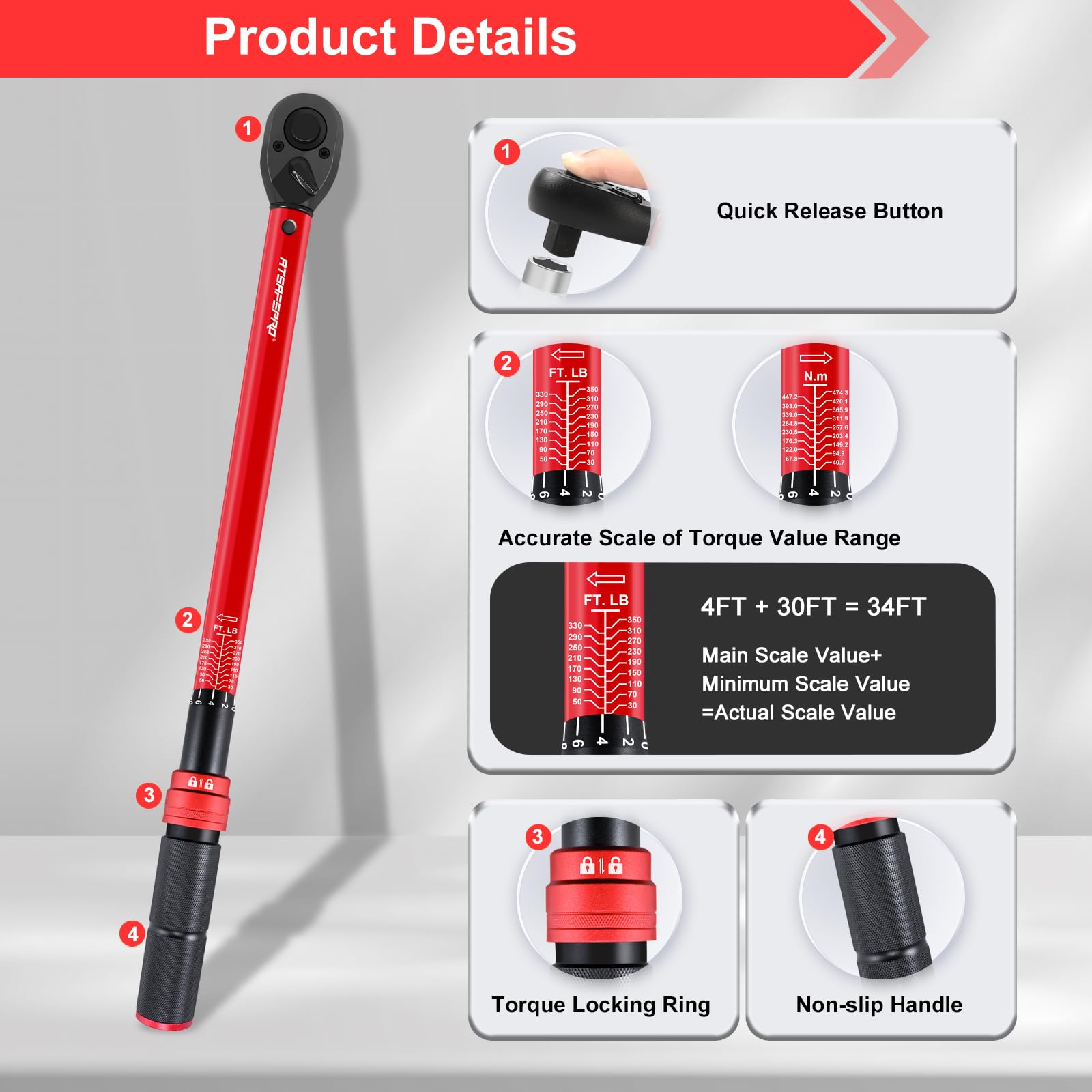 ATsafepro Llave dinamométrica de 3/4, llave dinamométrica de 3/4, 30-350 pies-libra (40.7-474.3 Nm), escala doble, llave dinamométrica de instrumentos de precisión, precisión precalibrada +-3%, 48