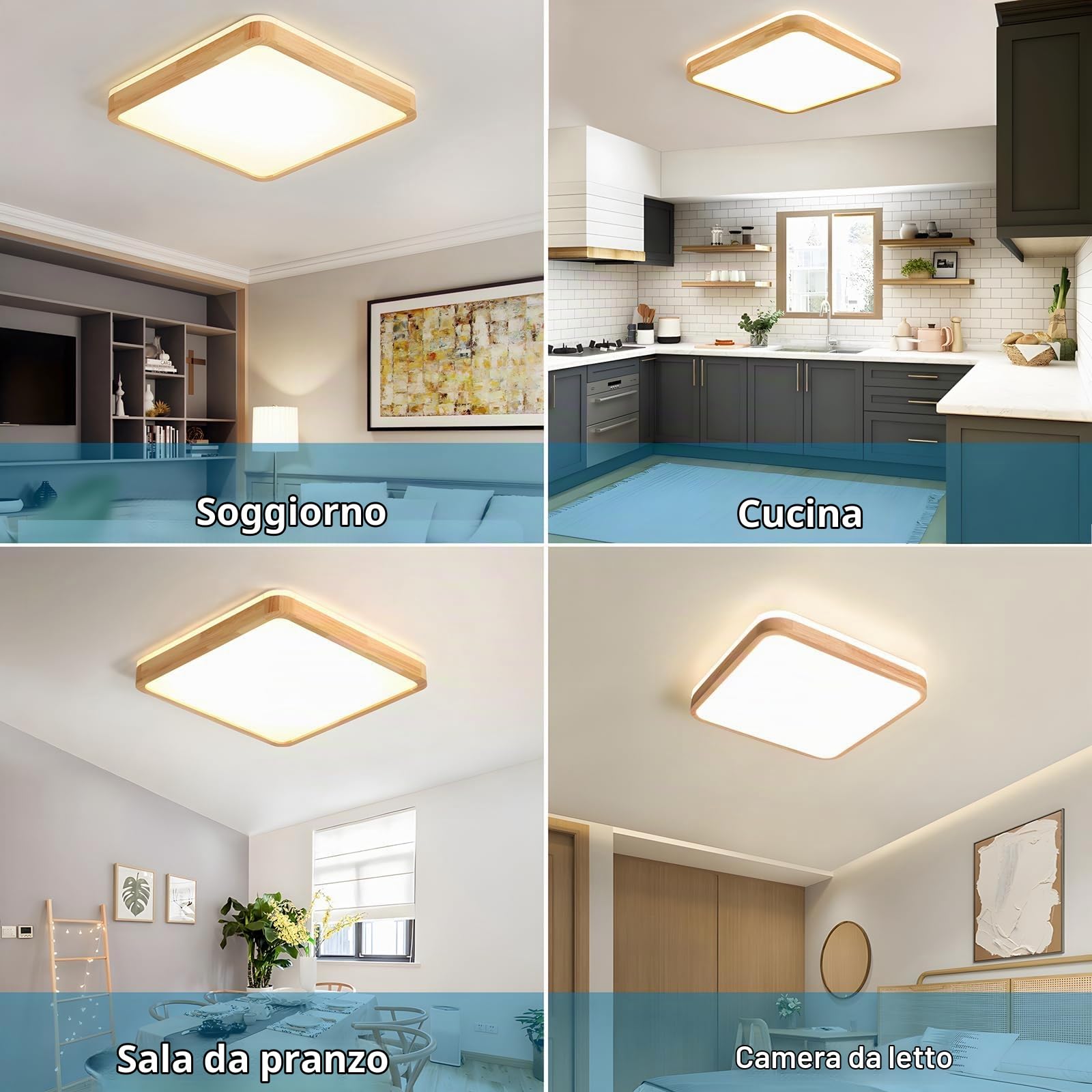 Plafoniera LED in Legno, Lampada Quadrata in Legno Naturale con Bagliore Superiore 360°| Dimmerabile con telecomando 2700K-6500K 36W| Soggiorno sala pranzo corridoio casa ufficio camera(Ø50cm)