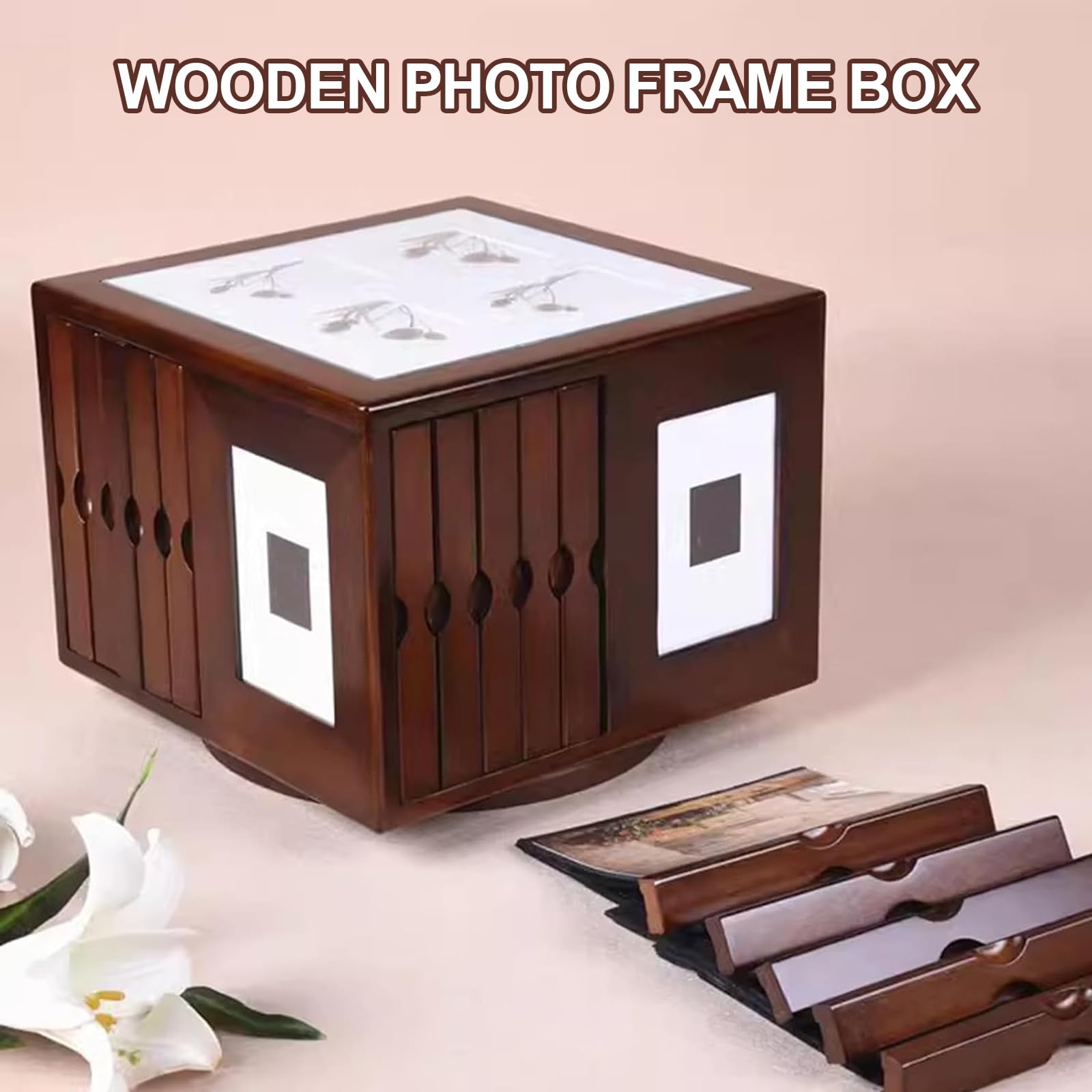 Boîte de rangement rotative pour 400 photos en bois avec base pivotante Idéal pour la décoration de la maison et les souvenirs de mariage