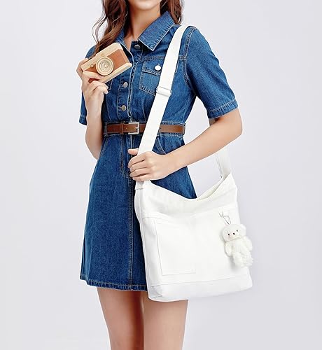 Miniatura 3 de Bolsa de lona para mujer con colgante de oso, bolso cruzado con cremallera superior