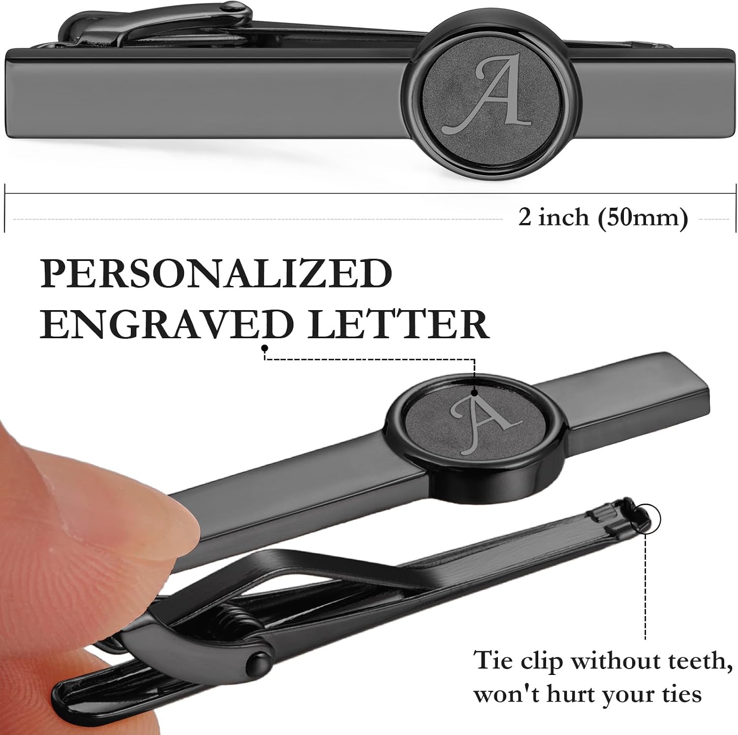 AMITER Initial Tie Clip for Men, 2 inch Mens Necktie Bar for Regular Ties - Black