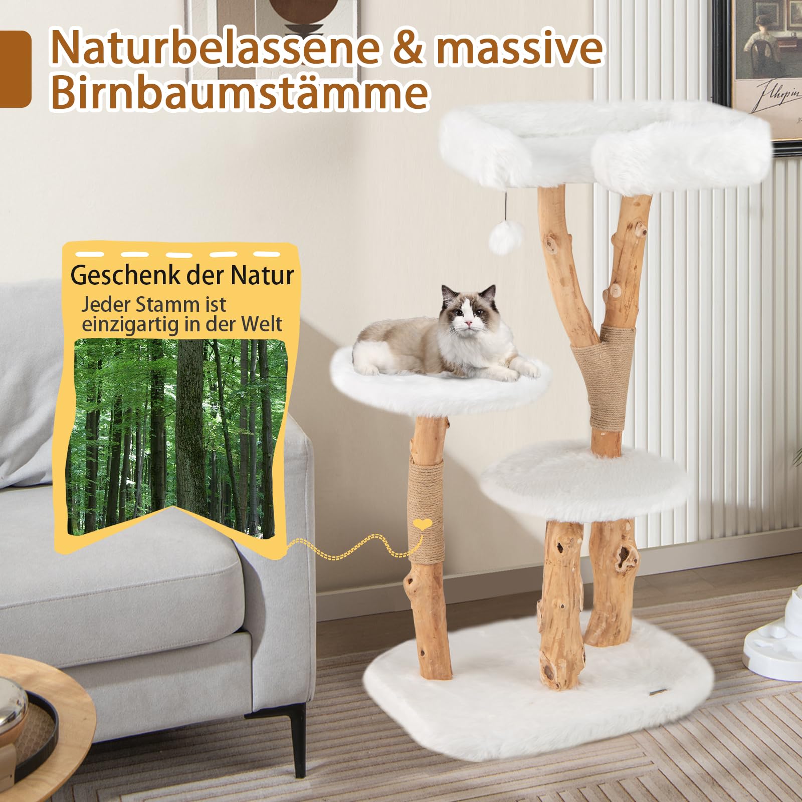 SOARS Rascador de Madera Maciza para Gatos, Árbol para Gatos con 3 Troncos de Peral natural, Cueva para Gatos, cama para gatos, rascador para gatos con pelota de juego, cuerda de yute, 59 x 49 x 110cm