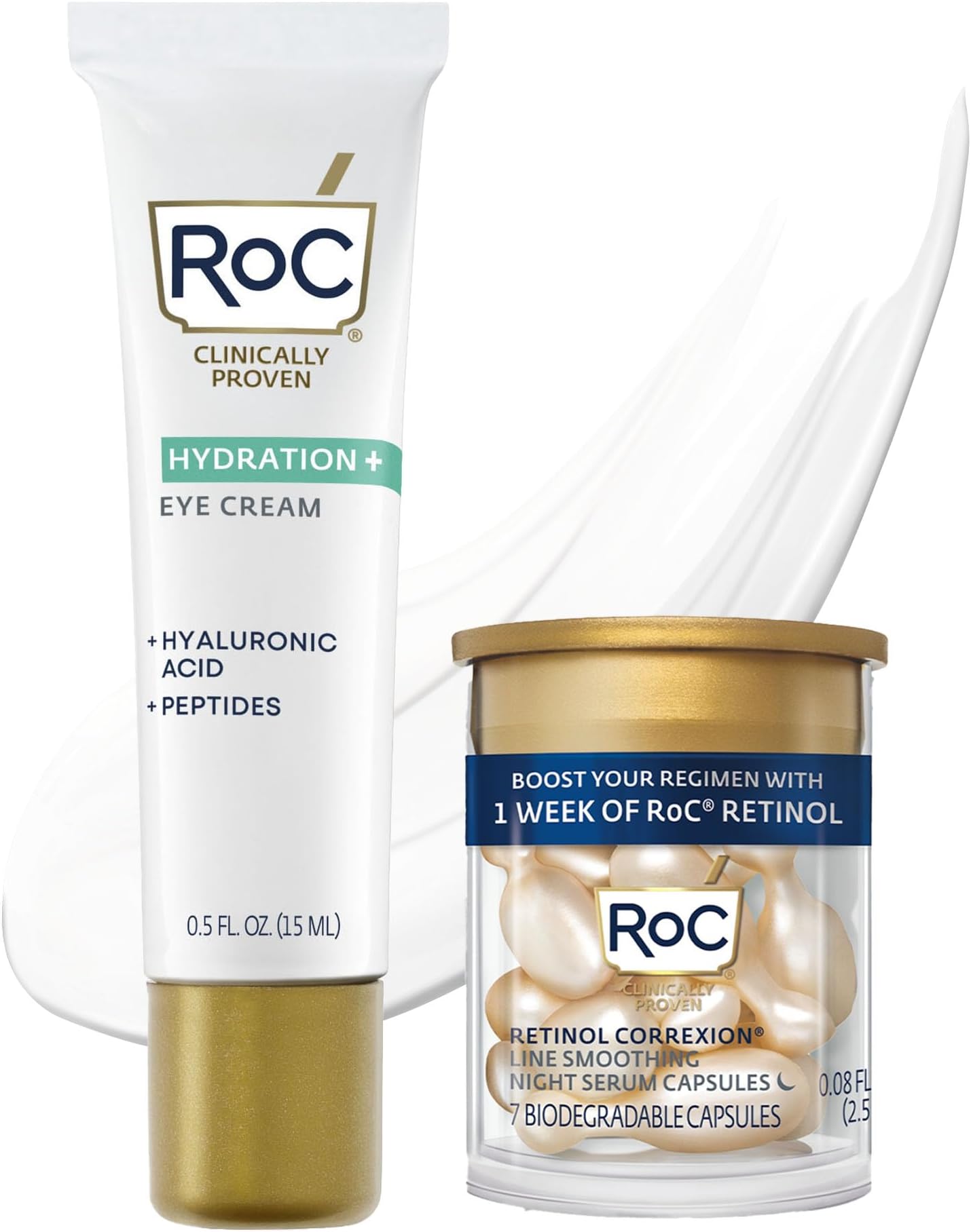 RoC Multi Correxion Hyaluronic Acid Anti Aging Under Eye Cream for Puffiness & Dark Circles (.5 OZ) + RoC Retinol Capsules (7 CT), Skin Care Routine, Fragrance & Paraben Free for Women and Men