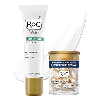 RoC Multi Correxion حمض الهيالورونيك المضاد للشيخوخة تحت كريم العين للانتفاخ والدوائر المظلمة .5 OZ + كبسولات RoC Retinol 7 CT ، العناية بالبشرة الروتينية ، العطور والبارابين مجانًا للنساء والرجال