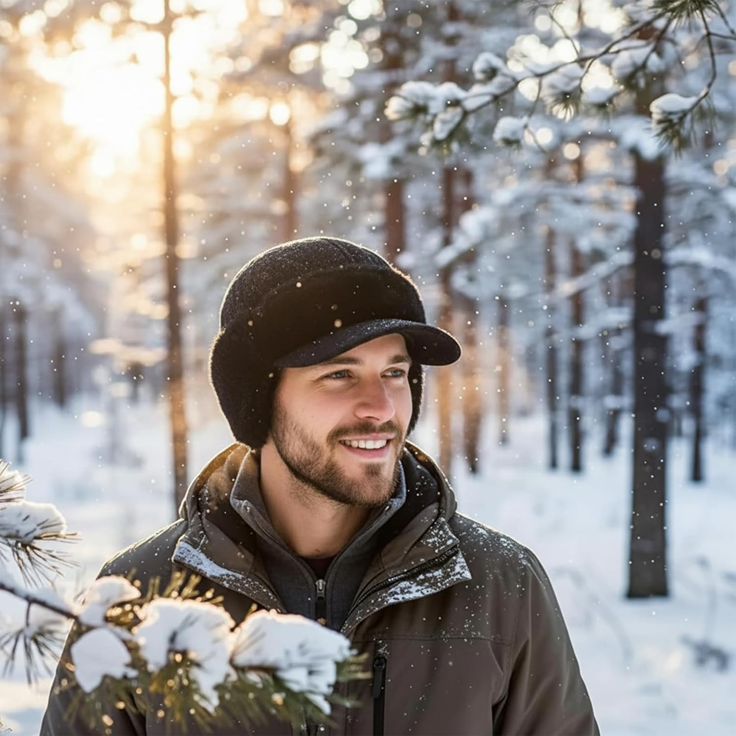 Blocking Knitted Hats with Ear Flaps and Wool Brim, Outdoor Warm Fleece Lined Knit Hat Stocking Caps for Men Women - Image 2