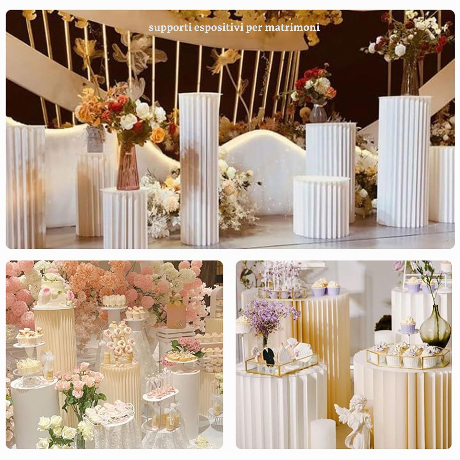 5 vasi Colonne espositive Pieghevoli cilindrici in PVC Bianco per Decorazioni di tavoli per Matrimoni, fidanzamenti e Compleanni, Supporti per Cartone Feste, piedistalli espositori