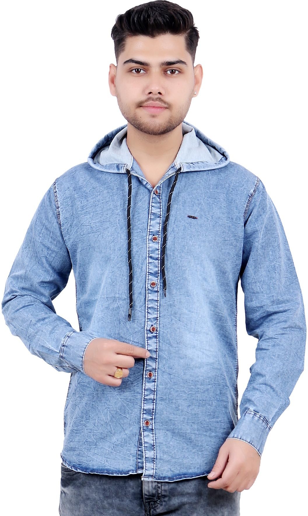 SQSRegular Fit Full Sleeve Washed Denim Hooded Shirt for Men Denim Shirt  with Cap - Main Image