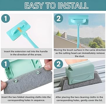 Window Cleaner Kit for Screen & Groove - Mesh Screen Cleaning Brush + 3 Magic Window Track Cleaning Brushes & 6 Replaceable Cleaning Cloths 14.8 Detachable Long Handle, Wet & Dry Dual Use
