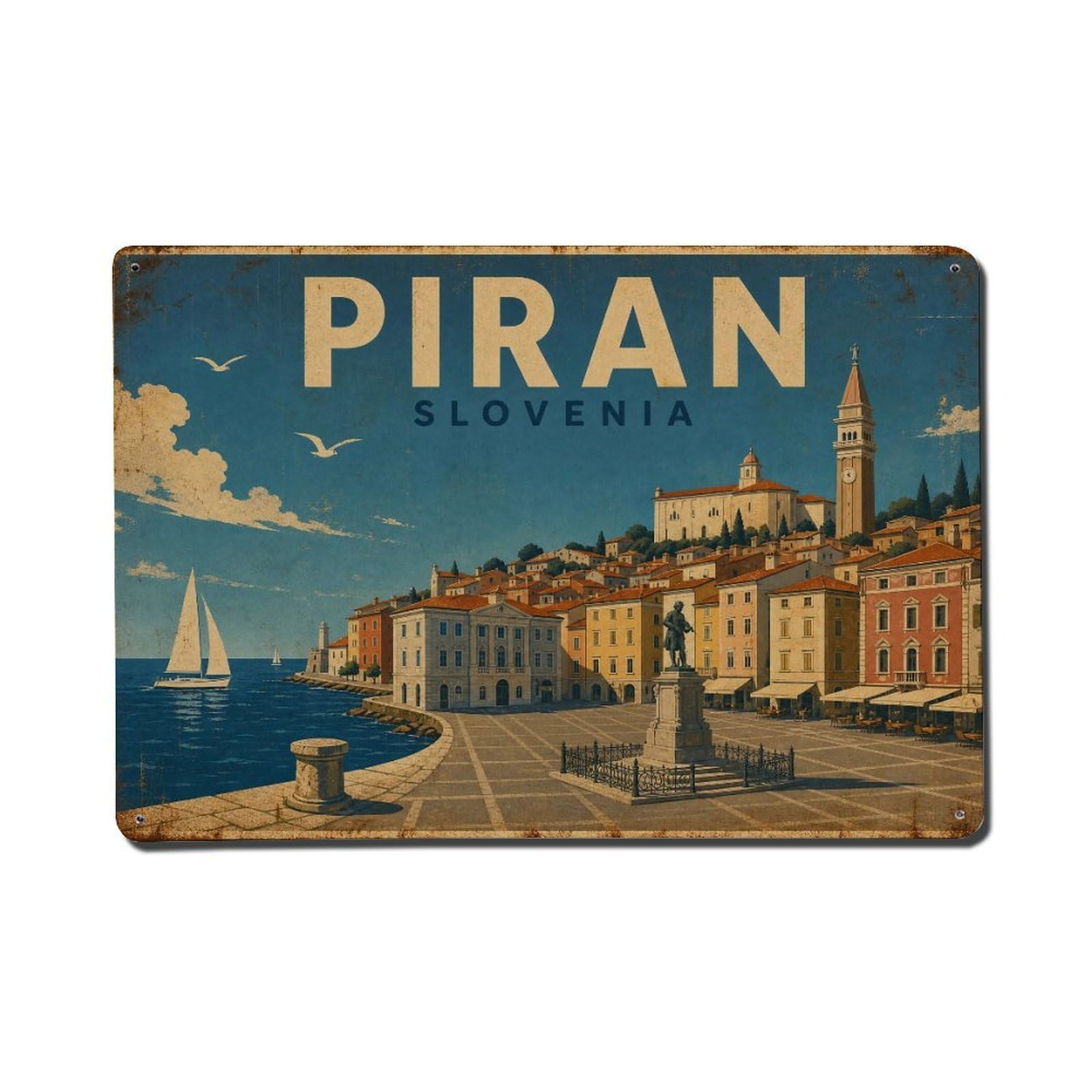 Retro Travel Slovenia Piran Metal Tin Sign Plaque Wall Decor for Cafe, Club Bar, Office, Garden Metal Poster 8x12Inch