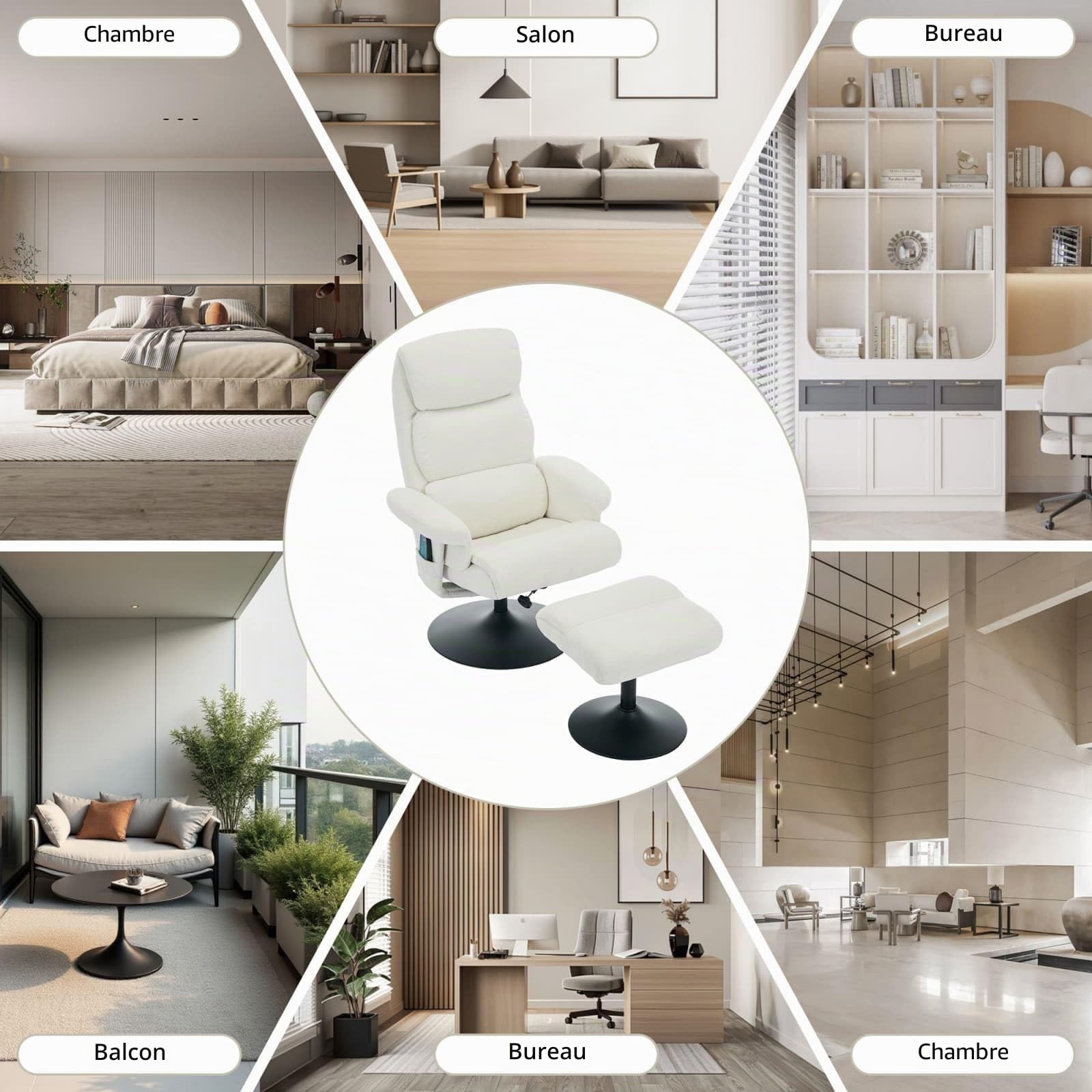 Sweiko Fauteuil de Massage Pivotant à 360° avec Fonction Inclinable et Chauffante, Fauteuil TV Relax avec Repose-Pieds, Revêtement en PU (White + Chenille + Foam)