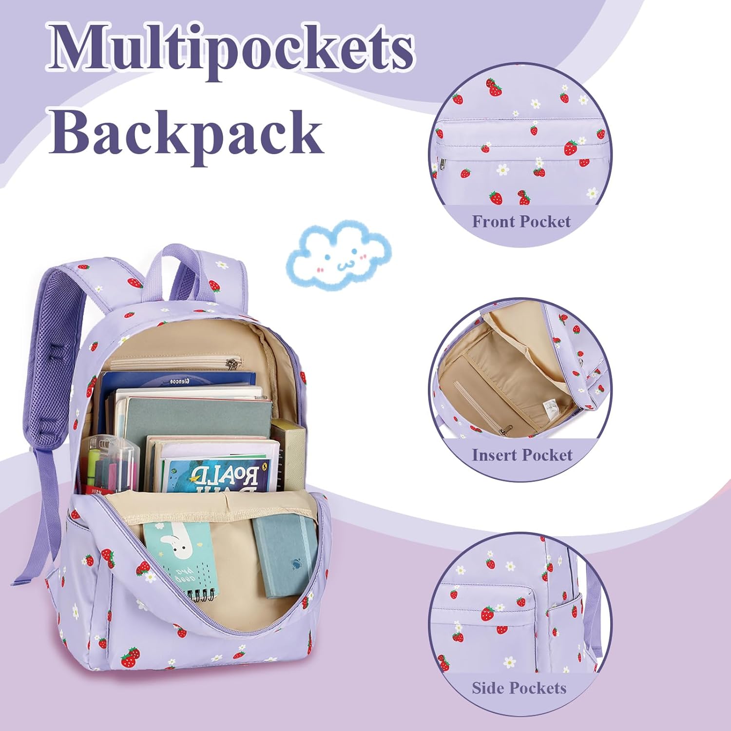 LEDAOU Kids School Backpack with Lunch Box for Girls Kindergarten Elementary BookBag School Bag Preschool Toddler Backpack(Purple Strawberry) - Image 4