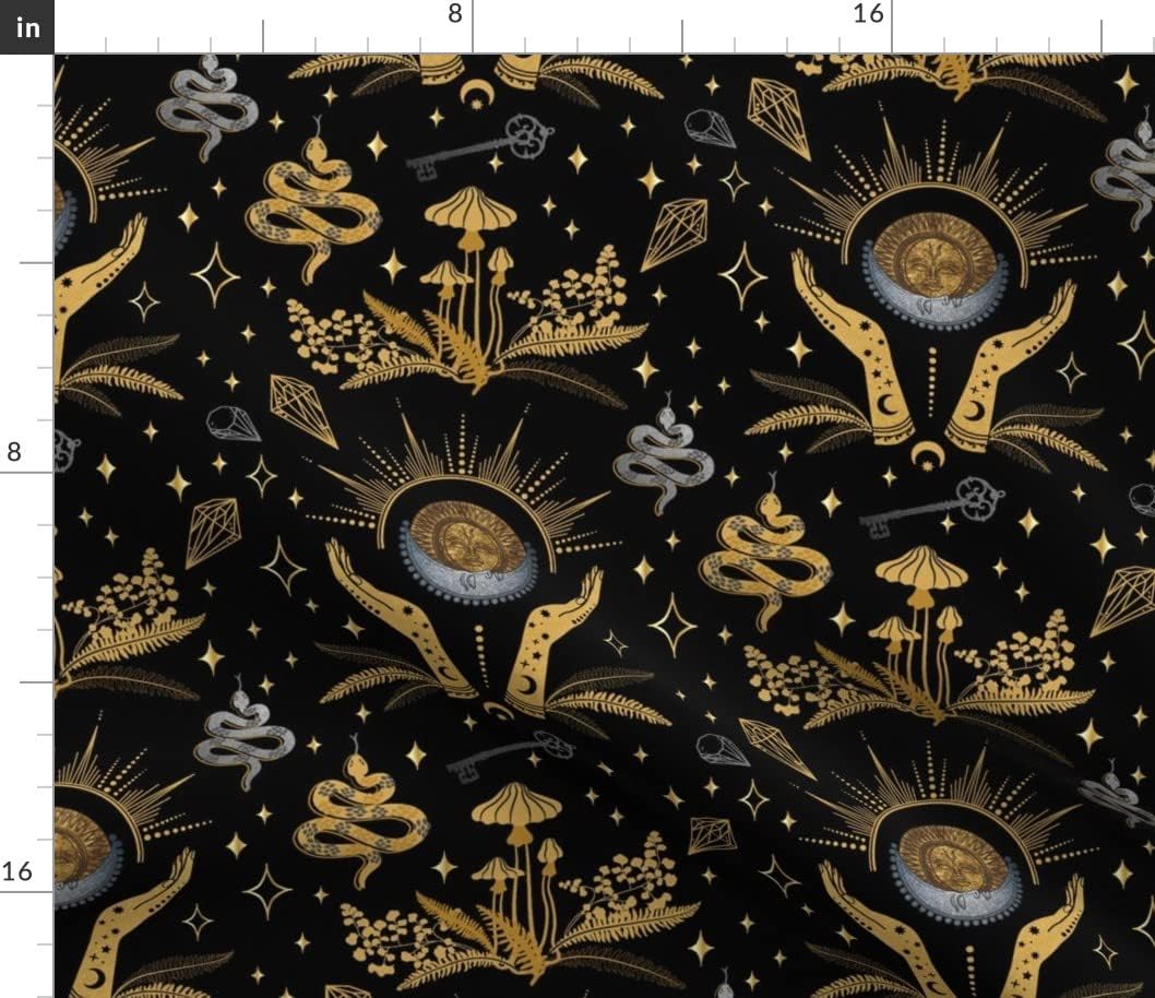 Spoonflower Fabric - Celestial Witch Black Stars Gold Keys Sun Ferns Printed on Petal Signature Cotton Fabric by The Yard - Sewing Quilting Apparel Crafts Decor